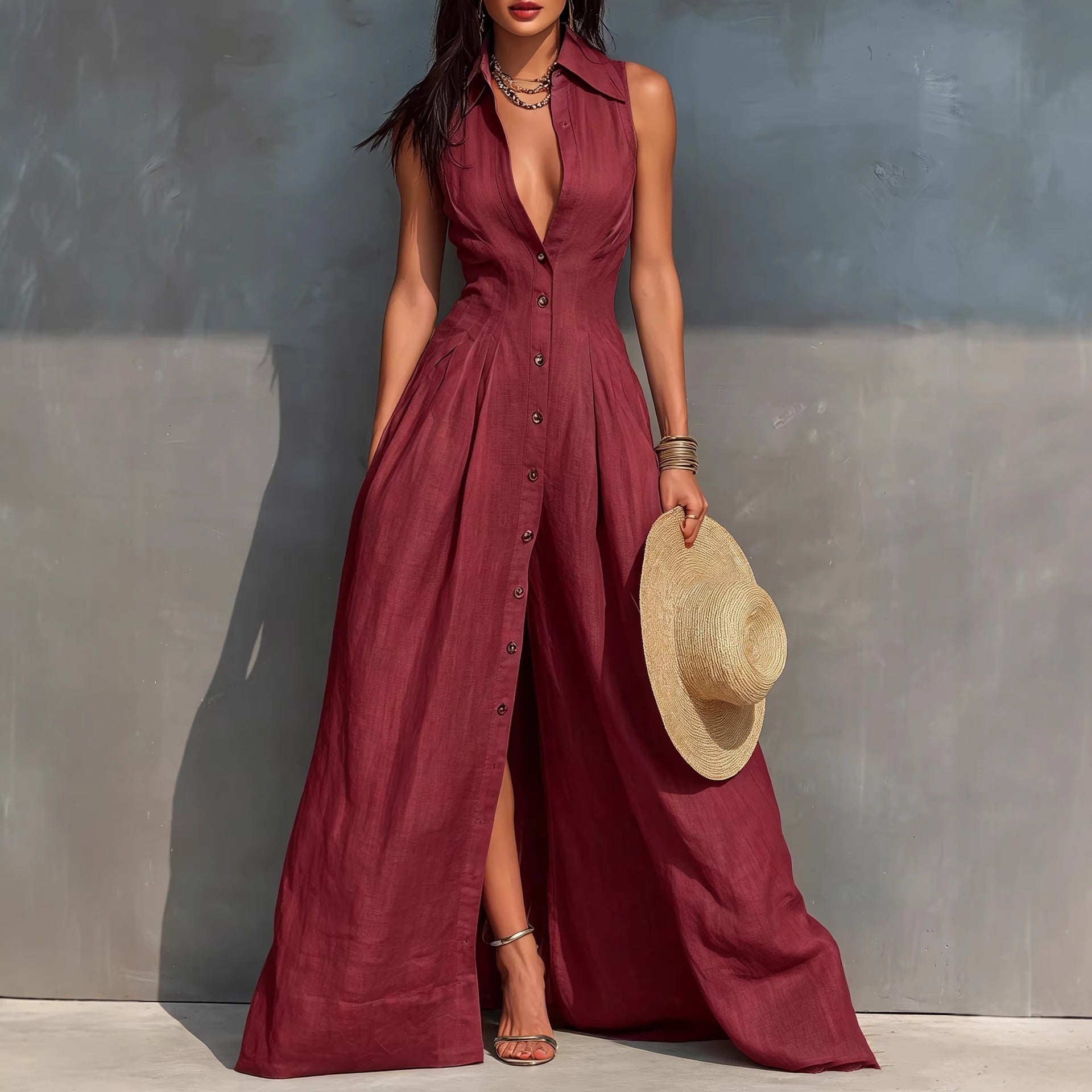 Women's High-Waist Lapel Shirt Maxi Dress – Elegant & Versatile