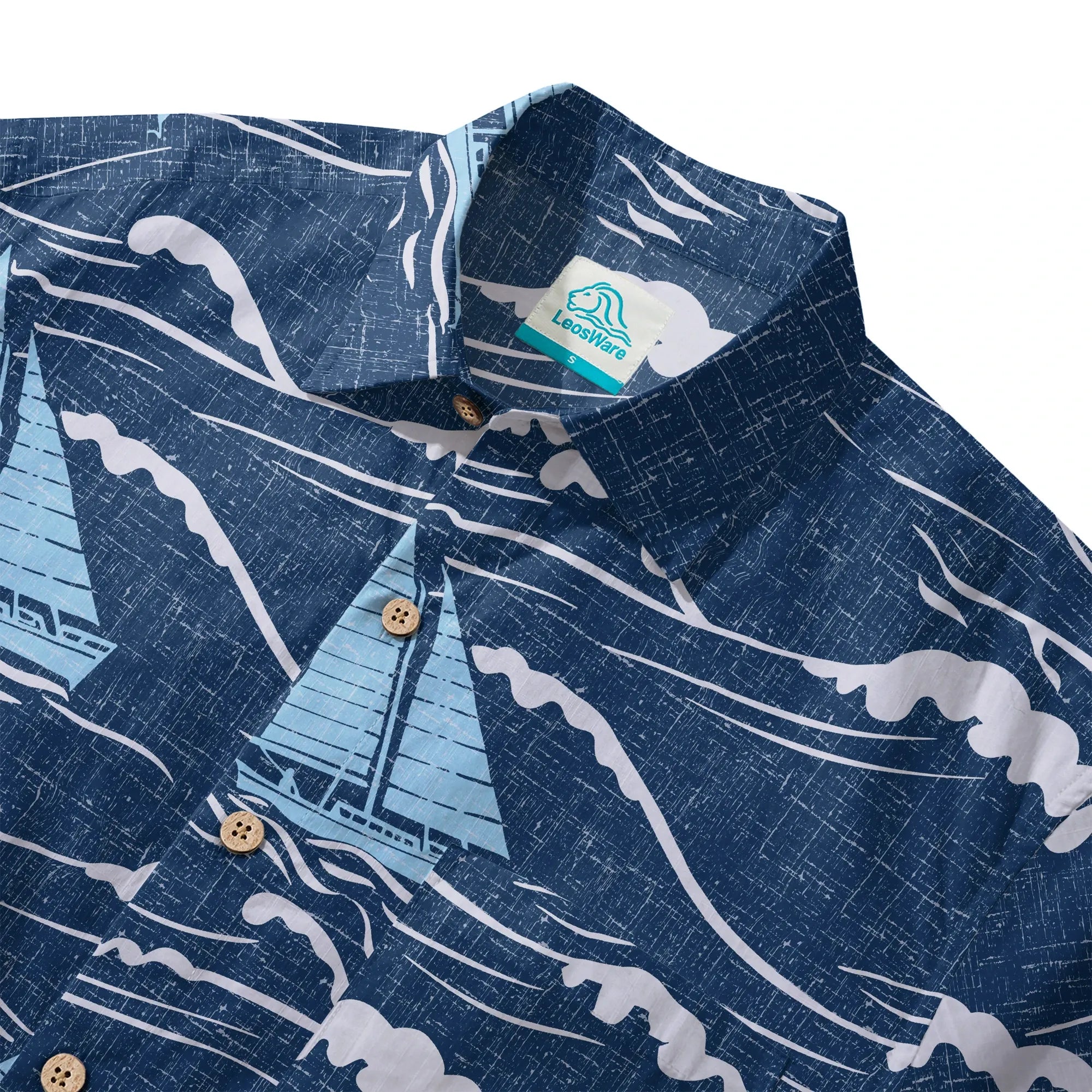 LeosWare® Sailboat Men's Hawaiian Shirt Short Sleeve Button-up 100% Cotton Blue Aloha Blue Sail Adventure