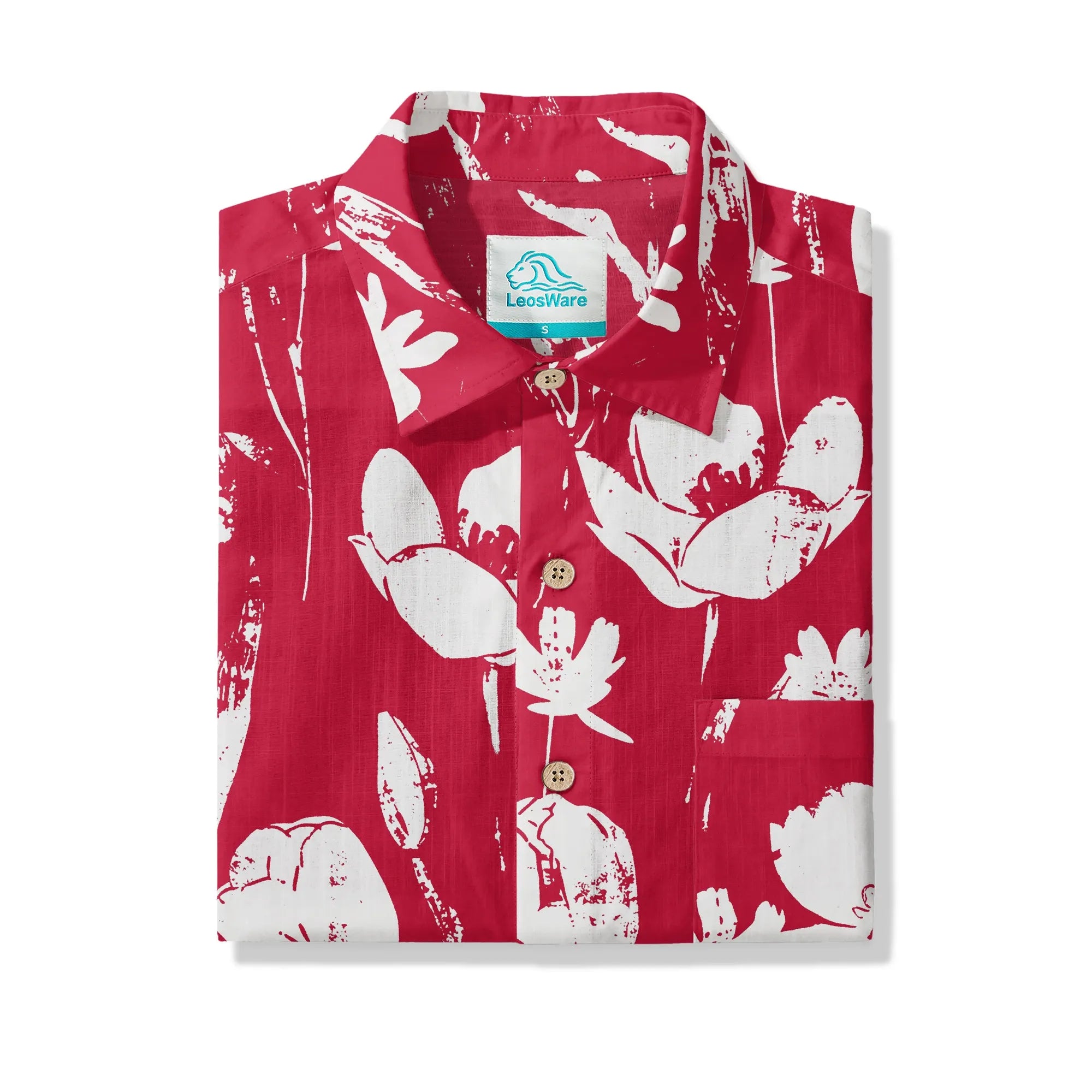LeosWare® Flower Men's Hawaiian Shirt Short Sleeve Button-up 100% Cotton Red Aloha Red Earth Aroma