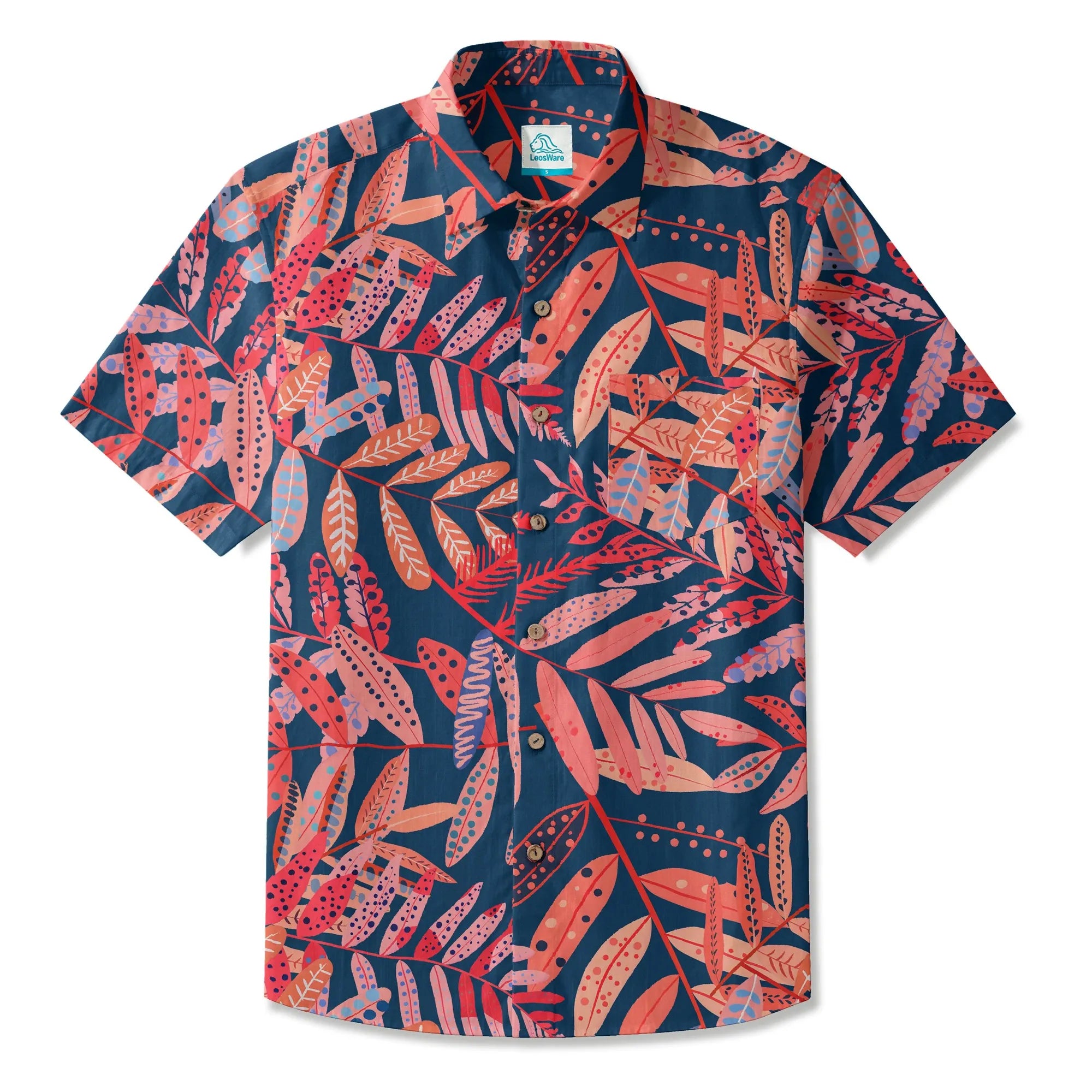 LeosWare® Plant Men's Hawaiian Shirt Short Sleeve Button-up 100% Cotton Red Aloha Crimson Leaf Jungle