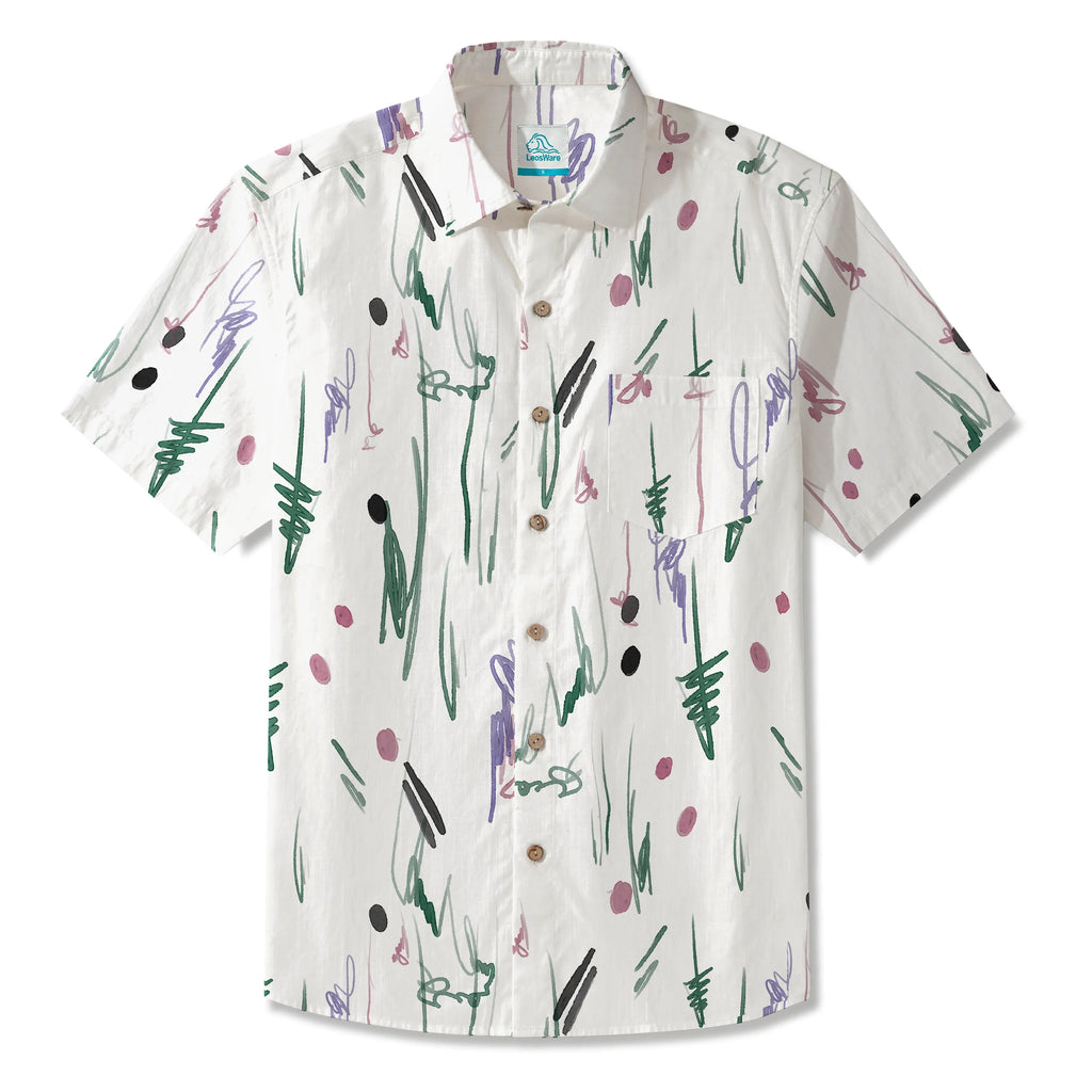 LeosWare® Men's Hawaiian Shirt Short Sleeve Button-up 100% Cotton Green Aloha Whimsical Traces