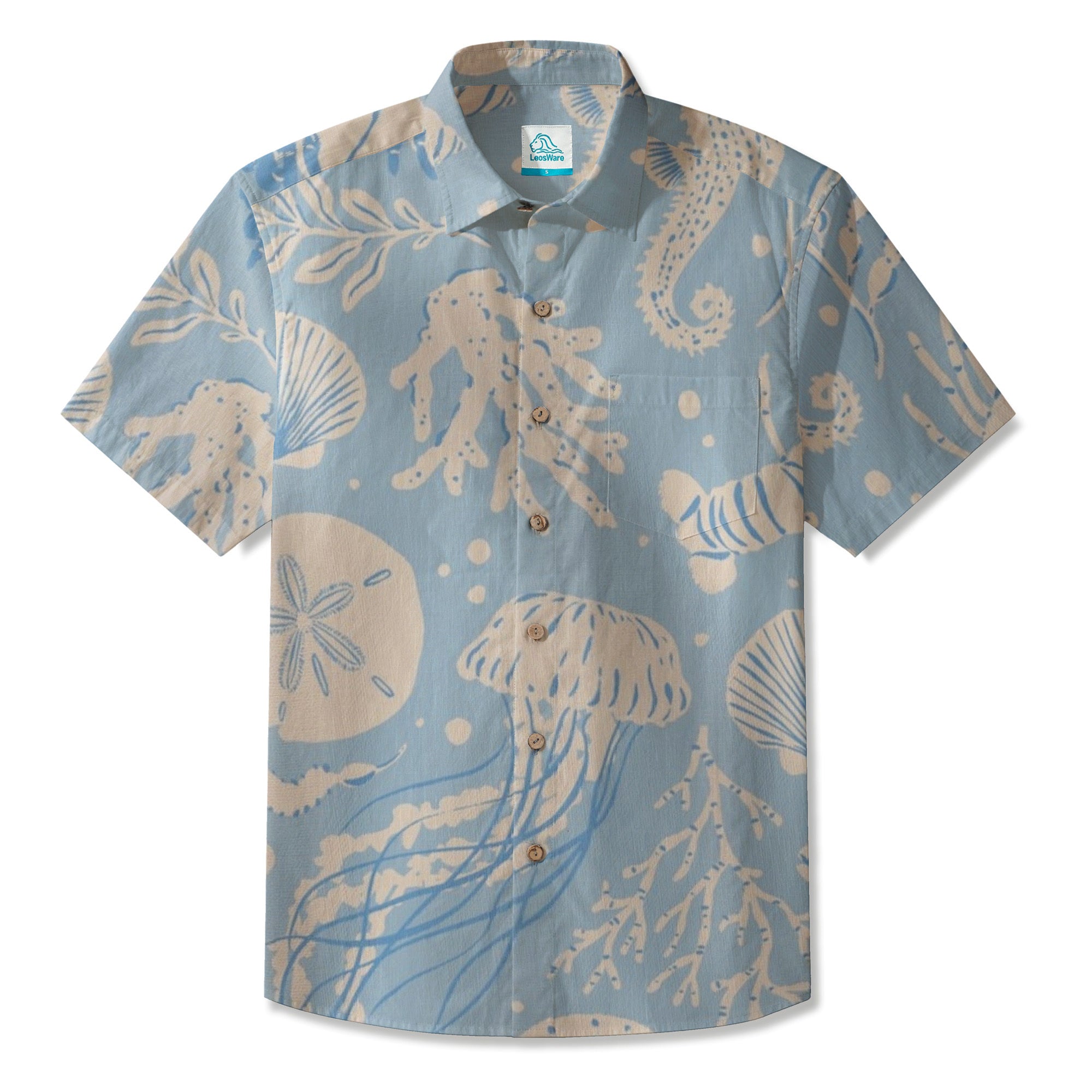LeosWare® Men's Hawaiian Shirt Short Sleeve Button-up Breathable & Quick-Dry Aloha Ocean Mist