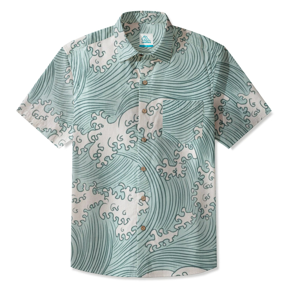 LeosWare® Men's Hawaiian Shirt Short Sleeve Button-up 95% Polyester, 5% Spandex Aloha Wave Of Aqua