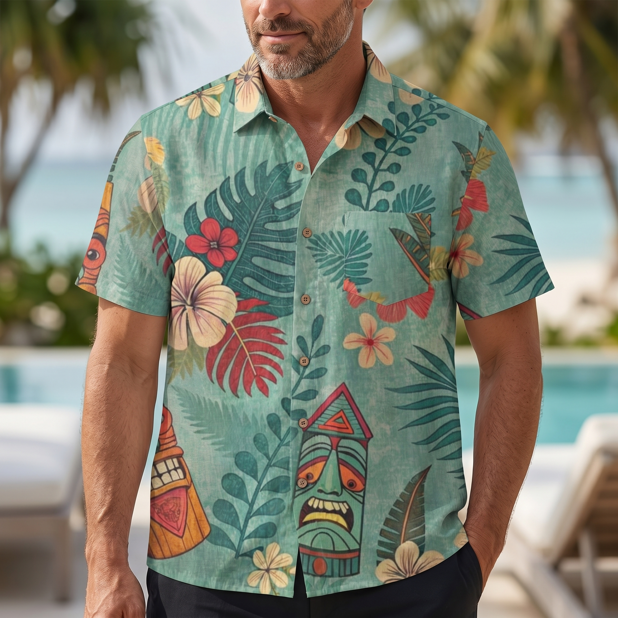 LeosWare® Men's Hawaiian Shirt Short Sleeve Button-up 95% Polyester, 5% Spandex Aloha Tropical Blossom