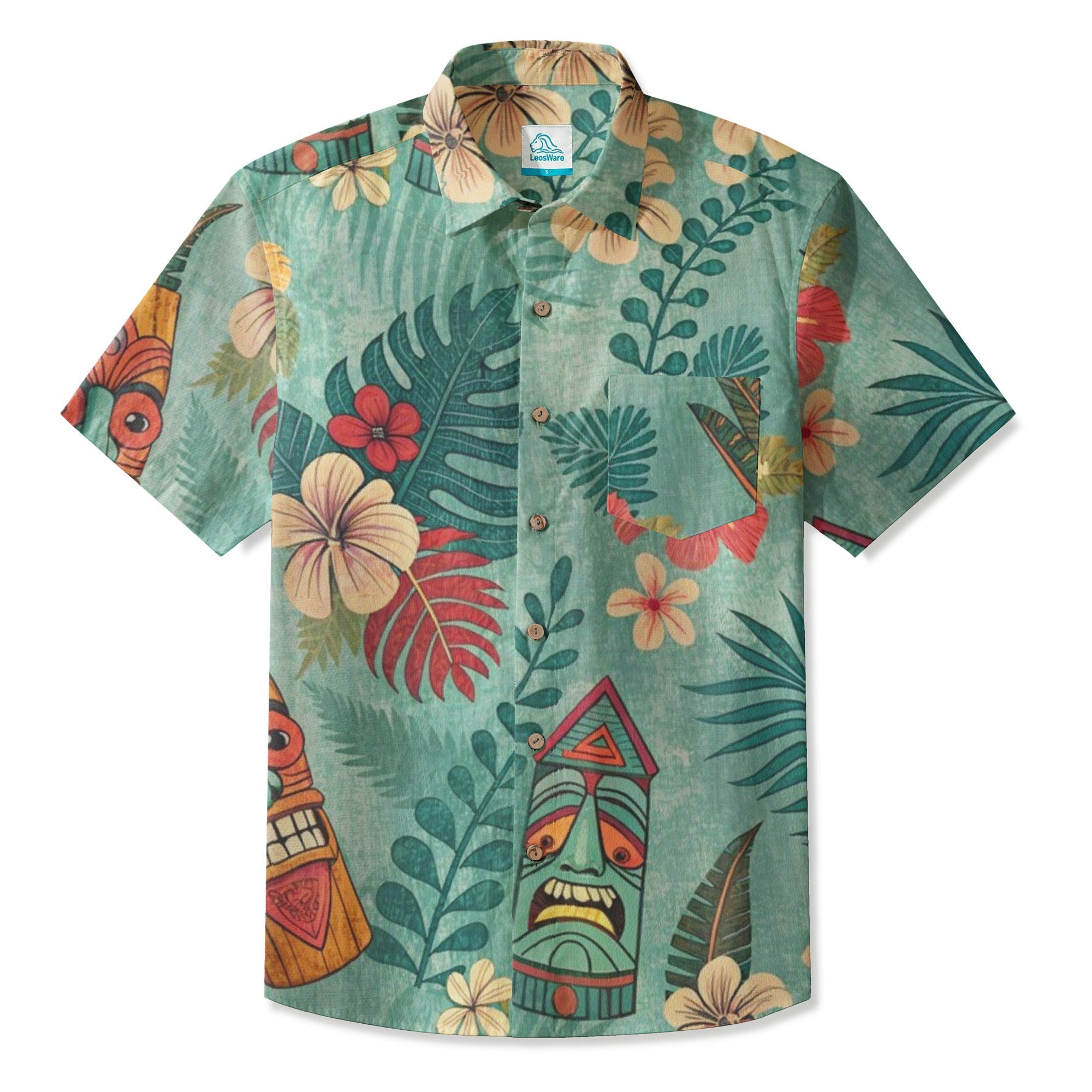 LeosWare® Men's Hawaiian Shirt Short Sleeve Button-up 95% Polyester, 5% Spandex Aloha Tropical Blossom