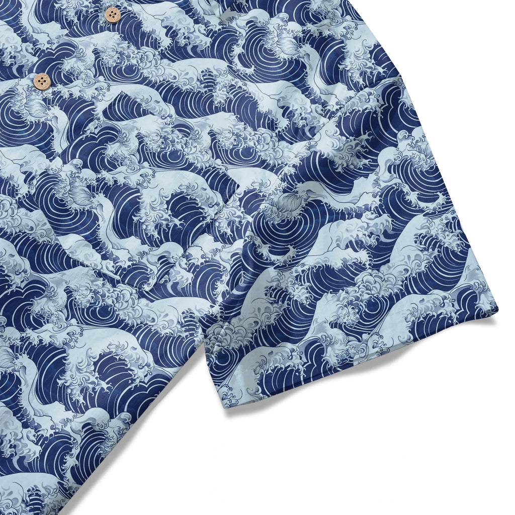 LeosWare® Men's Hawaiian Shirt Short Sleeve Button-up 100% Cotton Blue Aloha Blue Wave World