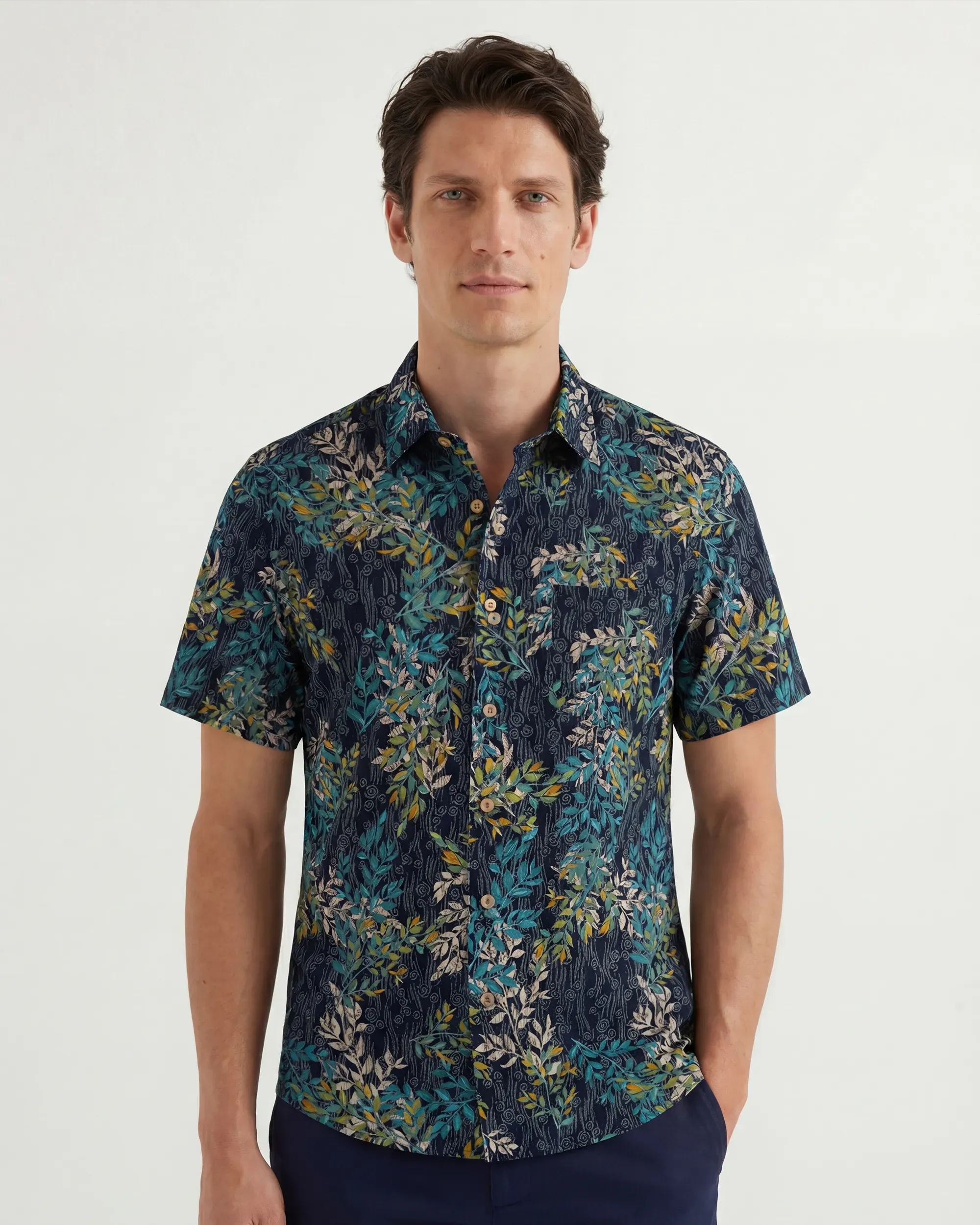 LeosWare® Men's Hawaiian Shirt Short Sleeve Button-up 100% Cotton Green Aloha Nightshade Blue Green Leaf