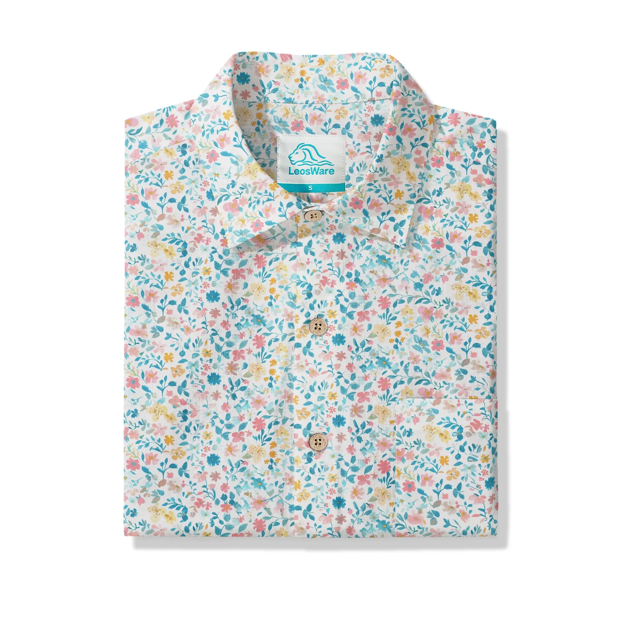 LeosWare® Flower Men's Hawaiian Shirt Short Sleeve Button-up 100% Cotton Beige Aloha Spring Whispers