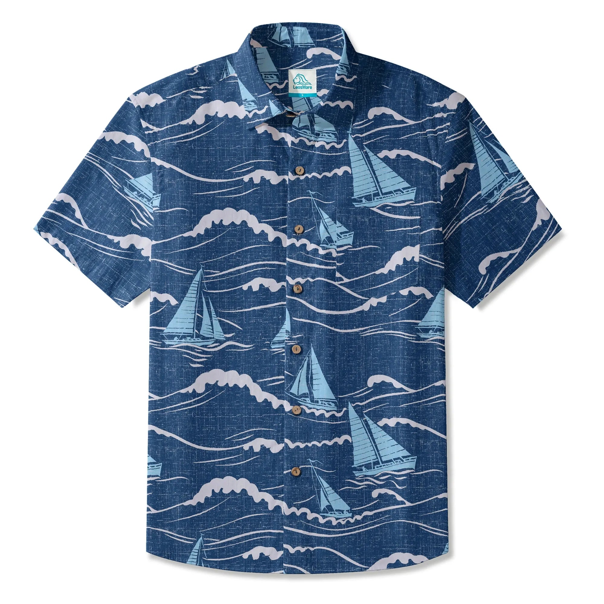 LeosWare® Sailboat Men's Hawaiian Shirt Short Sleeve Button-up 100% Cotton Blue Aloha Blue Sail Adventure