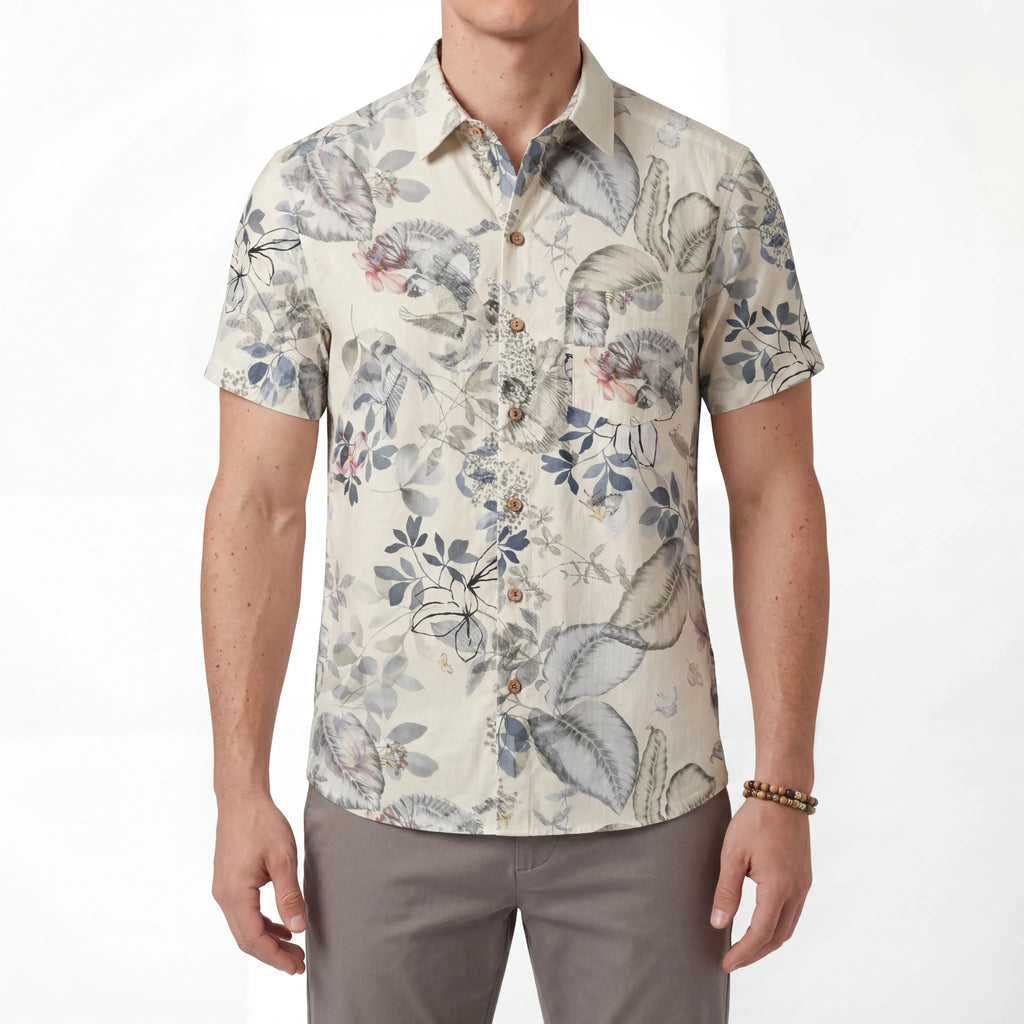 LeosWare® Men's Hawaiian Shirt Short Sleeve Button-up 100% Cotton Gray Aloha Dreamy Soft Botanicals
