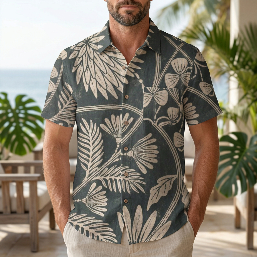 LeosWare® Men's Hawaiian Shirt Short Sleeve Button-up 95% Polyester, 5% Spandex Aloha Floral Elegance