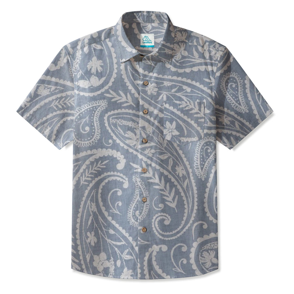 LeosWare® Men's Hawaiian Shirt Short Sleeve Button-up 95% Polyester, 5% Spandex Aloha Paisley Perfection In Blue