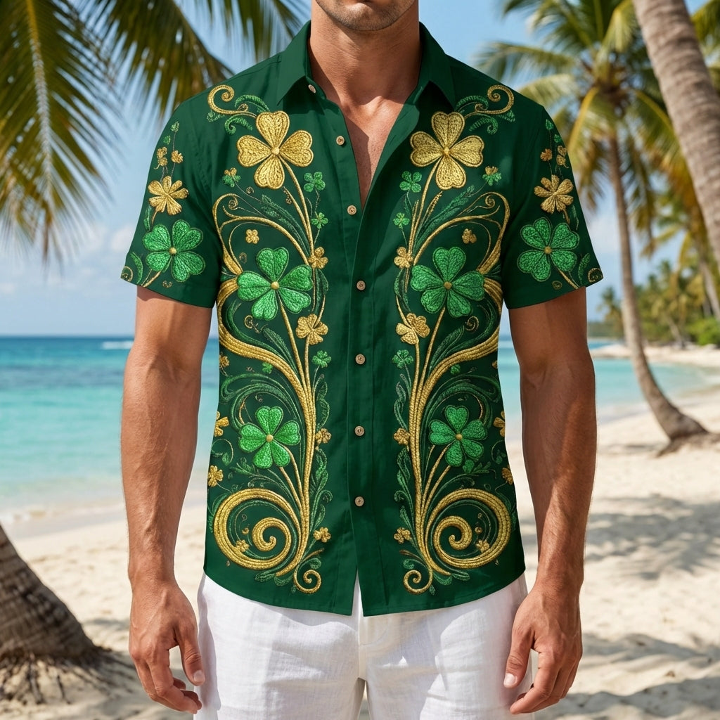 LeosWare® Men's Hawaiian Shirt Short Sleeve Button-up Breathable & Quick-Dry Aloha St. Patrick's Day Four-leaf Clovers