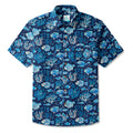 LeosWare® Men's Hawaiian Shirt Short Sleeve Button-up 100% Cotton Blue Coral Aloha Deep Blue Fish Whisper