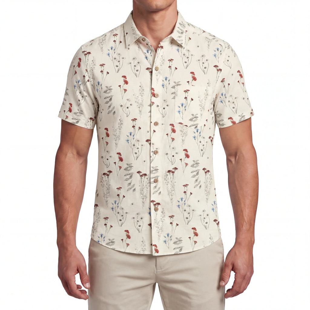 LeosWare® Men's Hawaiian Shirt Short Sleeve Button-up 100% Cotton Beige Aloha Field Of Wildflowers