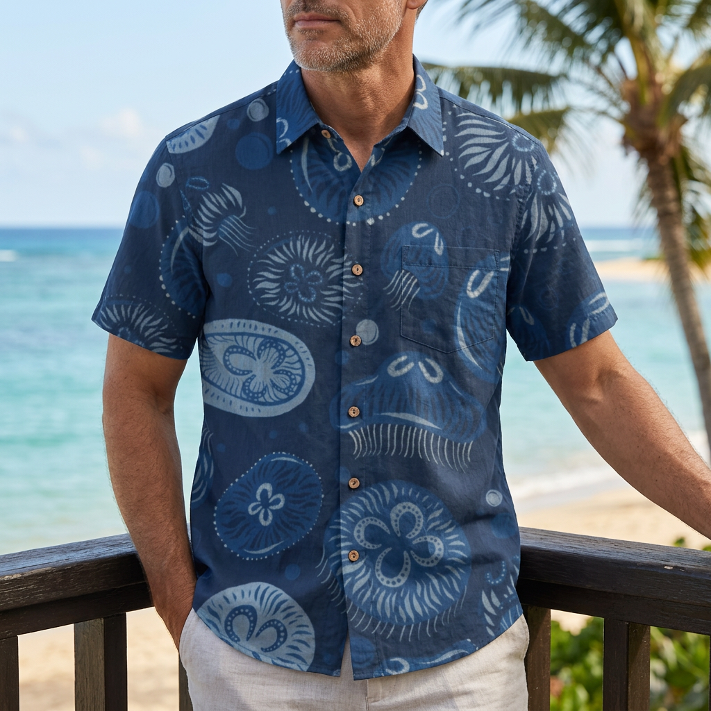 LeosWare® Men's Hawaiian Shirt Short Sleeve Button-up Breathable & Quick-Dry Aloha Seaside Serenity