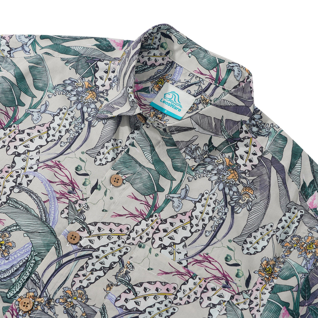 LeosWare® Men's Hawaiian Shirt Short Sleeve Button-up 100% Cotton Beige Aloha Fresh Tropical Plant Art