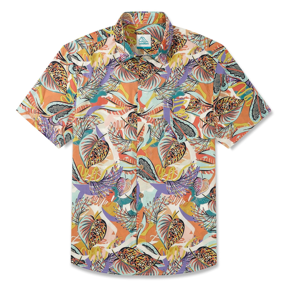LeosWare® Men's Hawaiian Shirt Short Sleeve Button-up 100% Cotton Brown Aloha Tropical Plant Fusion Art Print