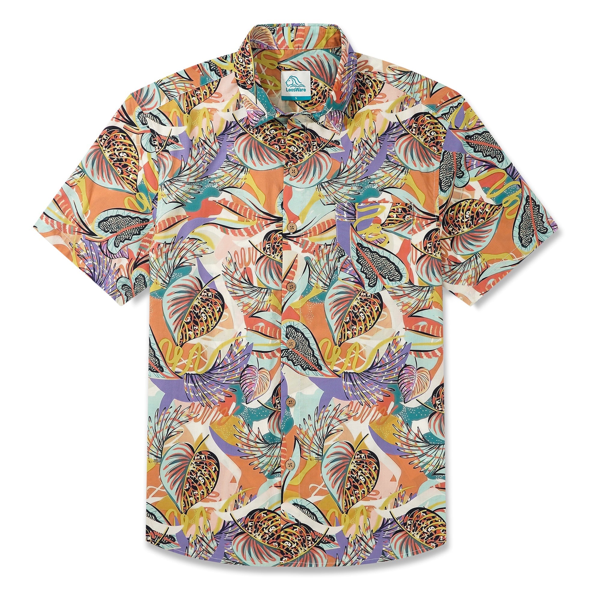 LeosWare® Men's Hawaiian Shirt Short Sleeve Button-up 100% Cotton Brown Aloha Tropical Plant Fusion Art Print