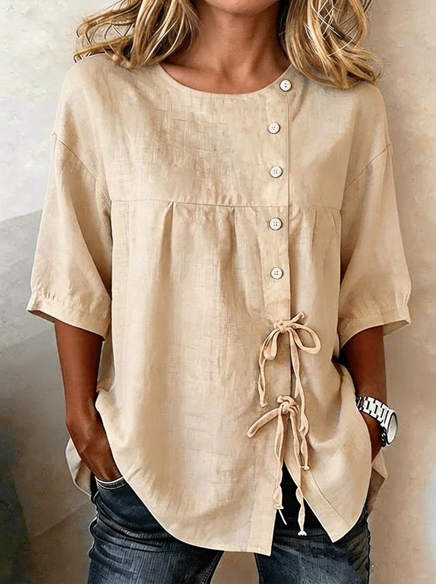 Women's Linen Lace-Up Button Shirt – 3/4 Sleeve Asymmetric