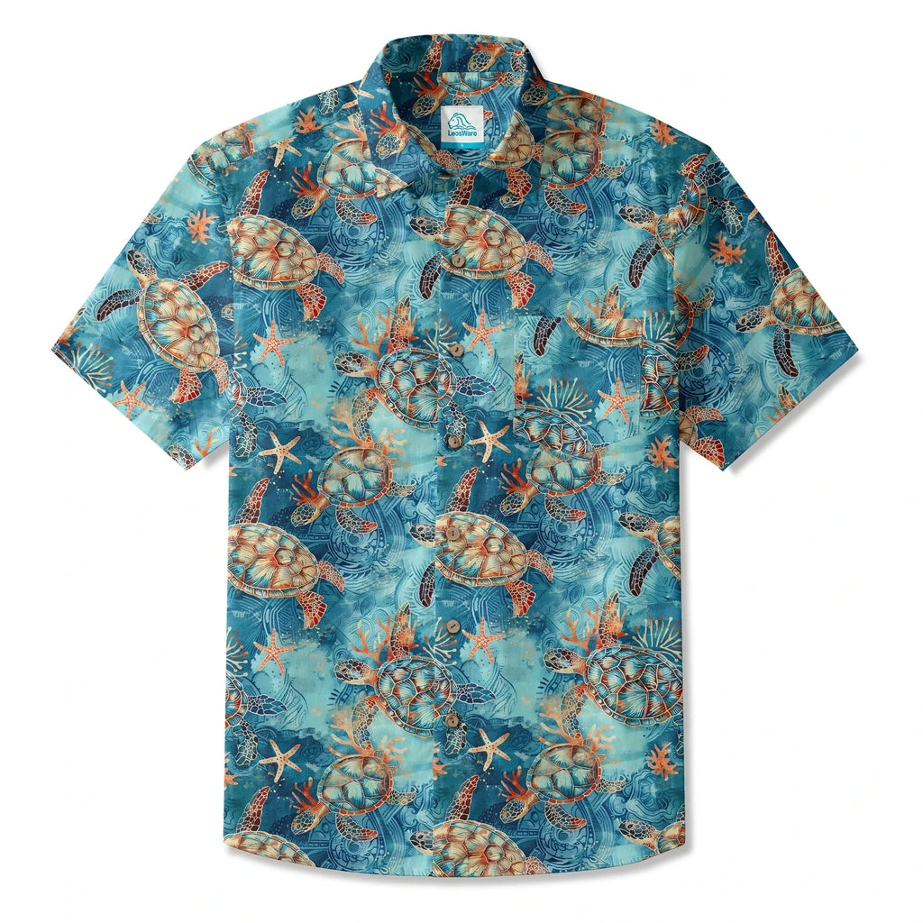 LeosWare® Men's Hawaiian Shirt Short Sleeve Button-up 100% Cotton Blue Aloha Golden Turtle Sea