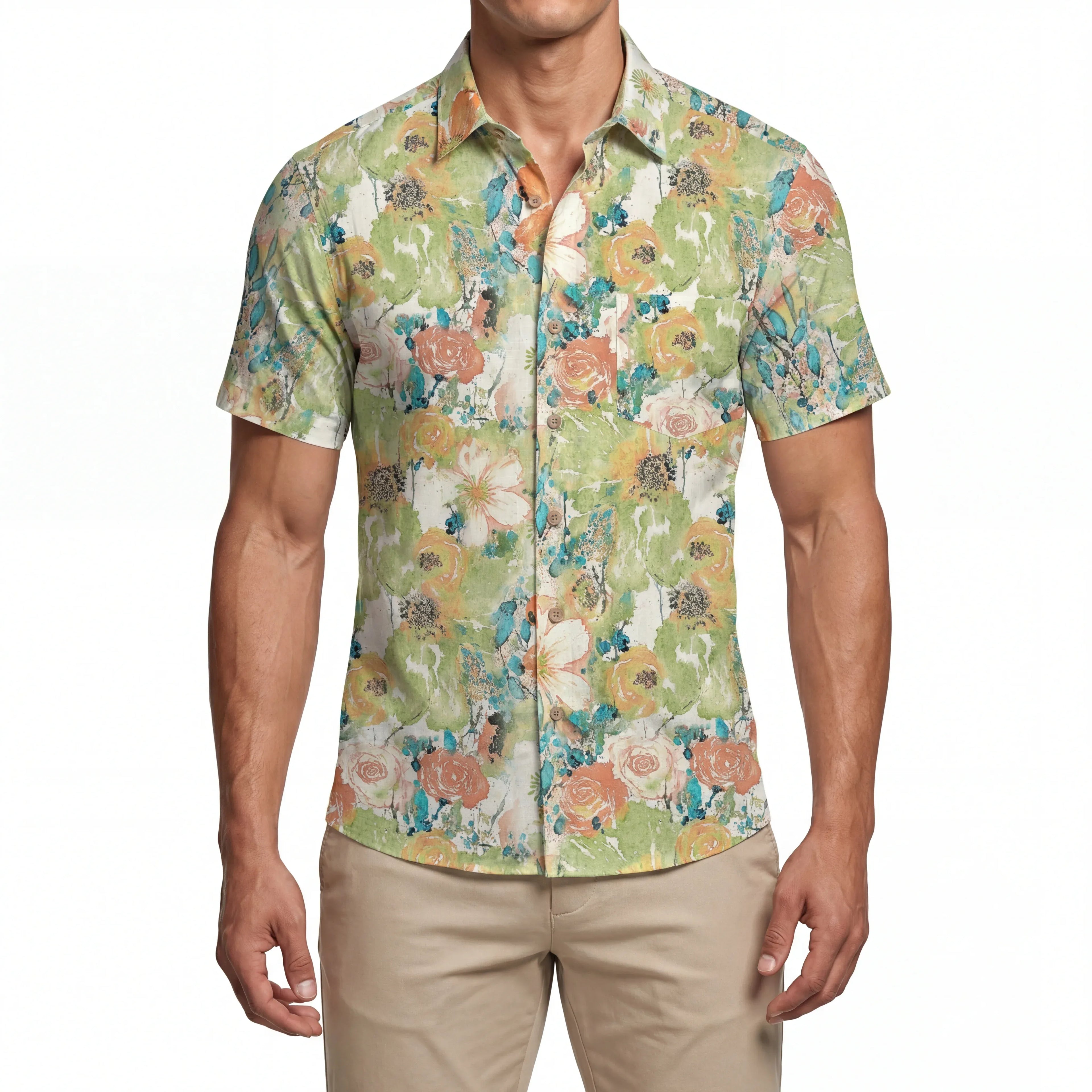 LeosWare® Men's Hawaiian Shirt Short Sleeve Button-up 100% Cotton Green Aloha Fresh Natural Impressions