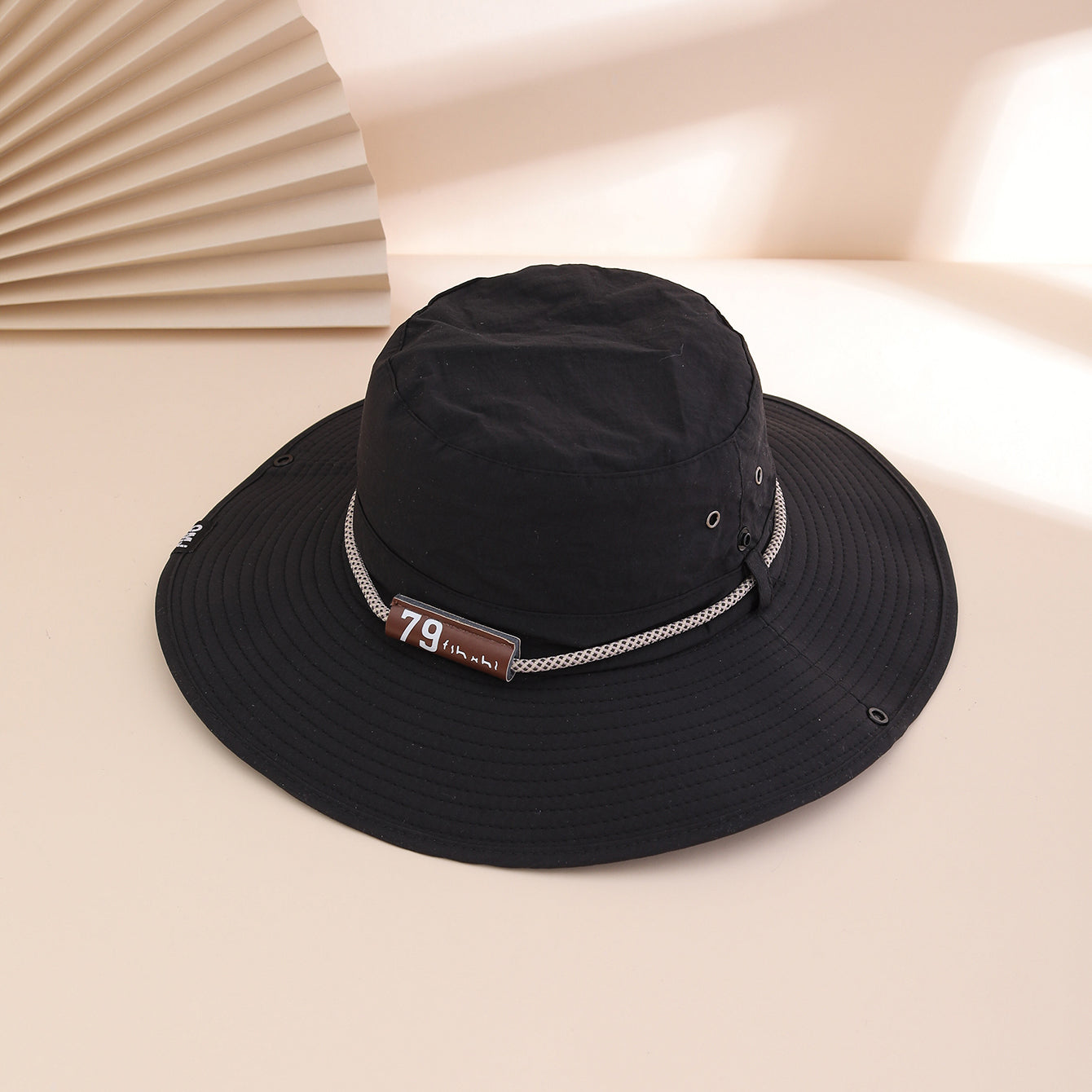 Wide-Brim Leather Patch Fisherman Hat – UV Sun Protection Outdoor Hat