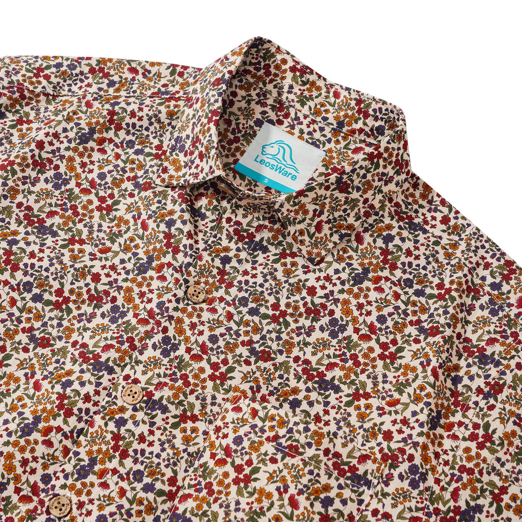 LeosWare® Men's Hawaiian Shirt Short Sleeve Button-up 100% Cotton Red Aloha Colorful Countryside Small Floral Pattern Painting