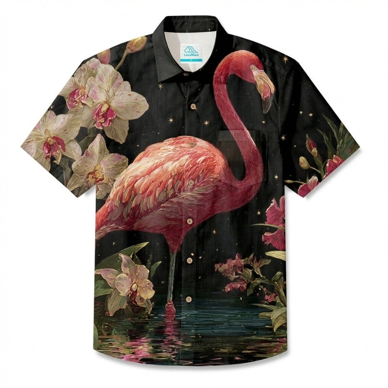 LeosWare® Men's Hawaiian Shirt Short Sleeve Button-up Breathable & Quick-Dry Aloha Midnight Flamingo