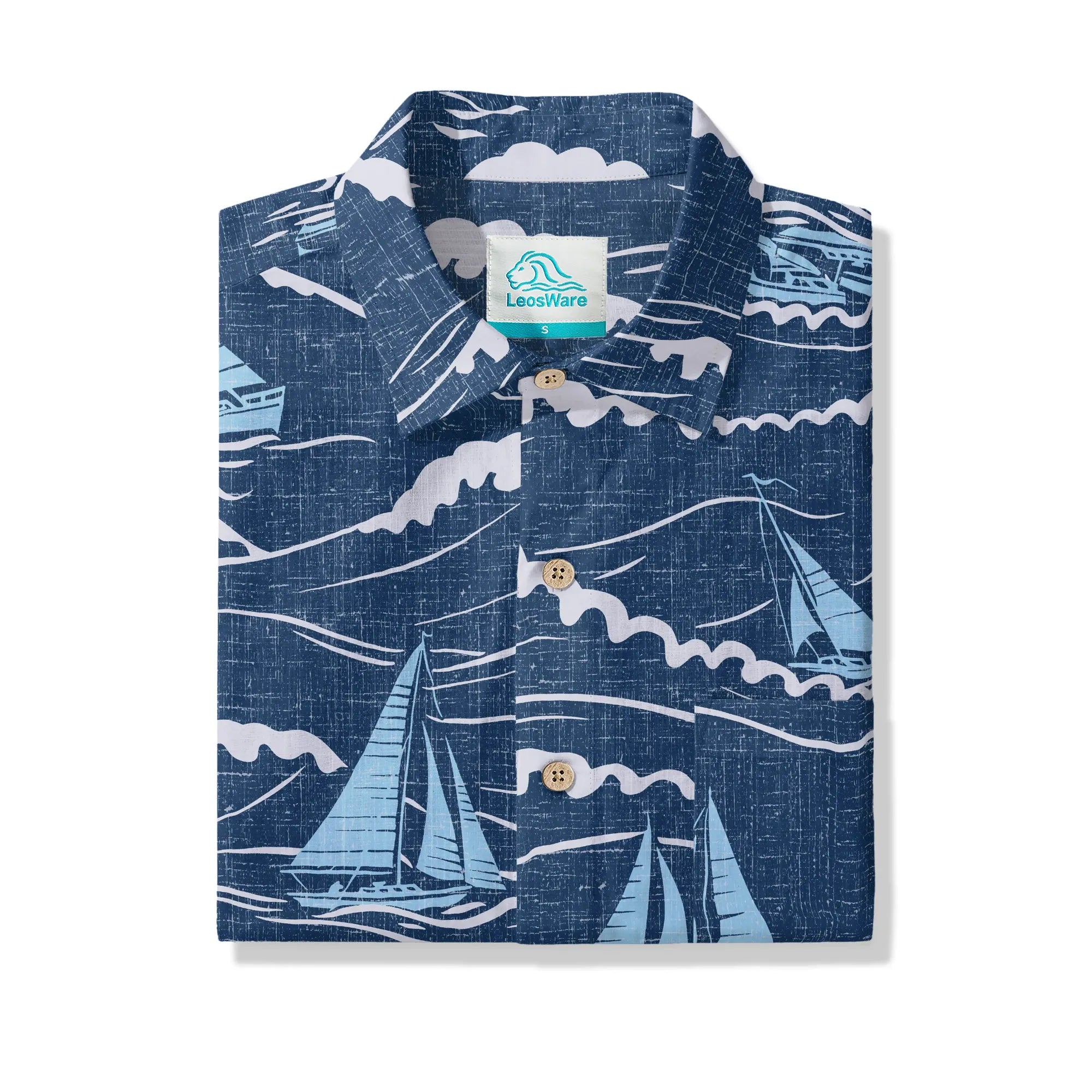 LeosWare® Sailboat Men's Hawaiian Shirt Short Sleeve Button-up 100% Cotton Blue Aloha Blue Sail Adventure