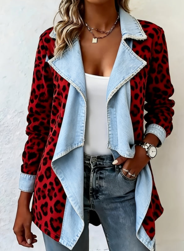 Patchwork Denim Collar Women’s Long-Sleeved Mid-Length Coat