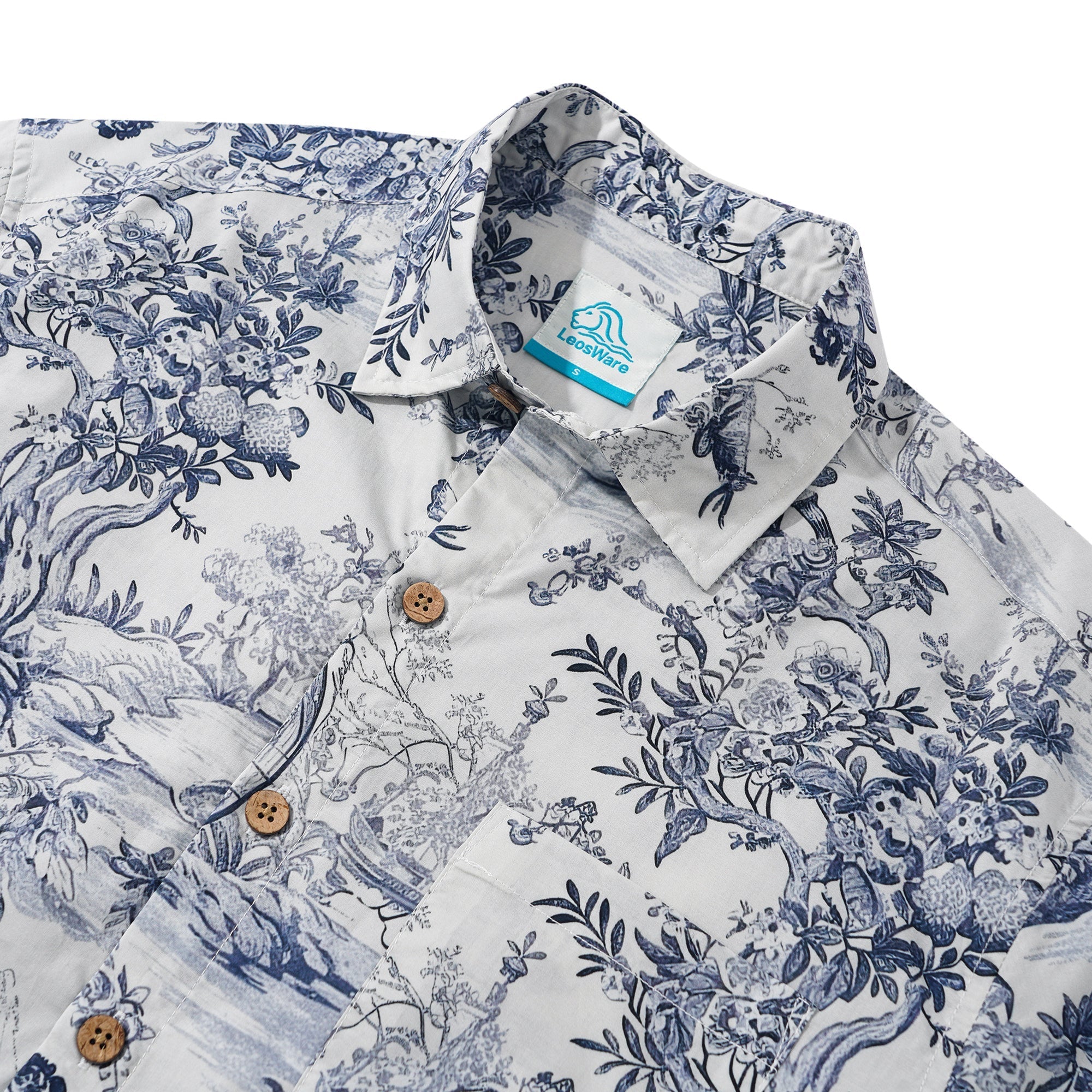 LeosWare® Men's Hawaiian Shirt Short Sleeve Button-up 100% Cotton Beige Aloha Vintage Hand-drawn Exotic Landscapes