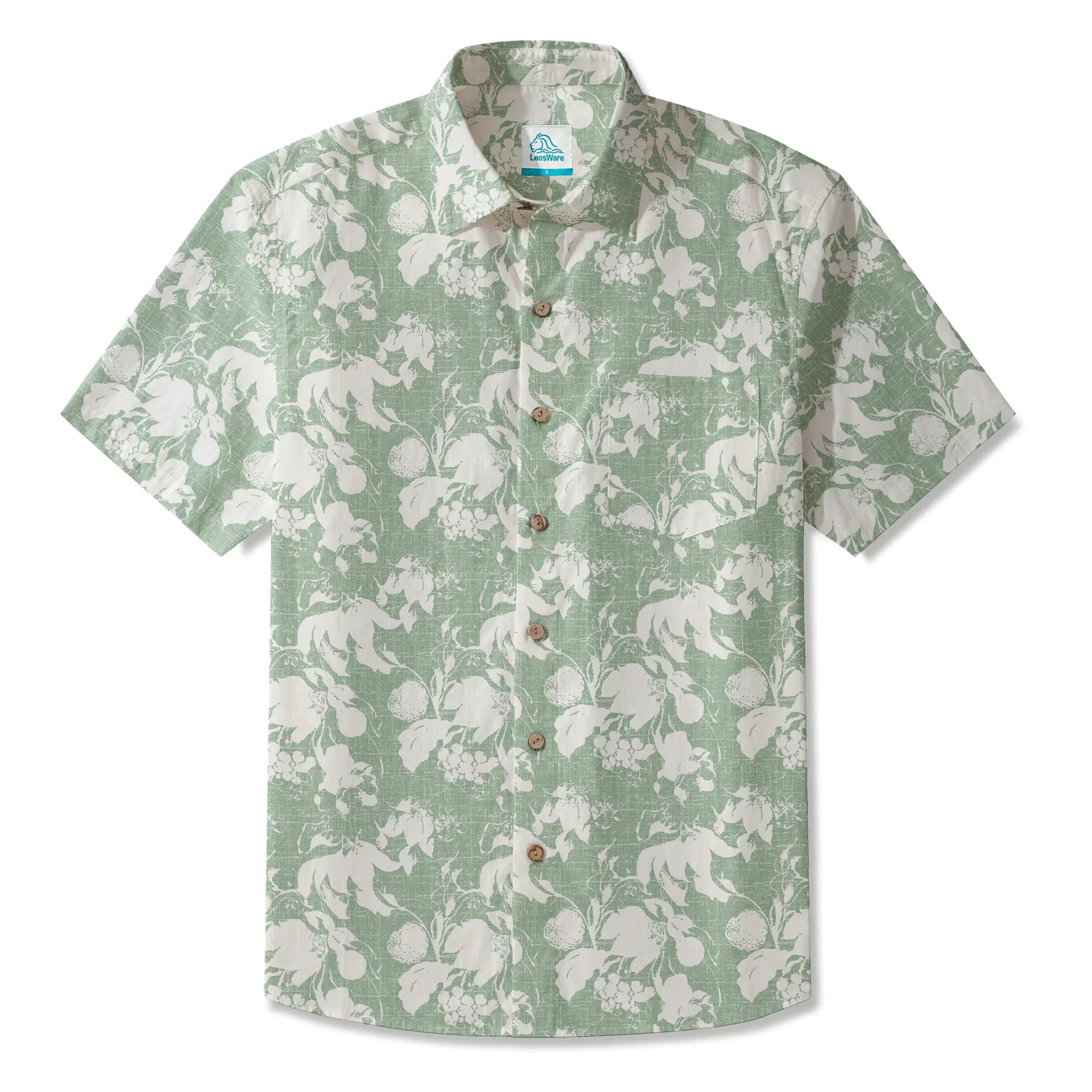 LeosWare® Flower Men's Hawaiian Shirt Short Sleeve Button-up 100% Cotton Green Aloha Verdant Memoirs