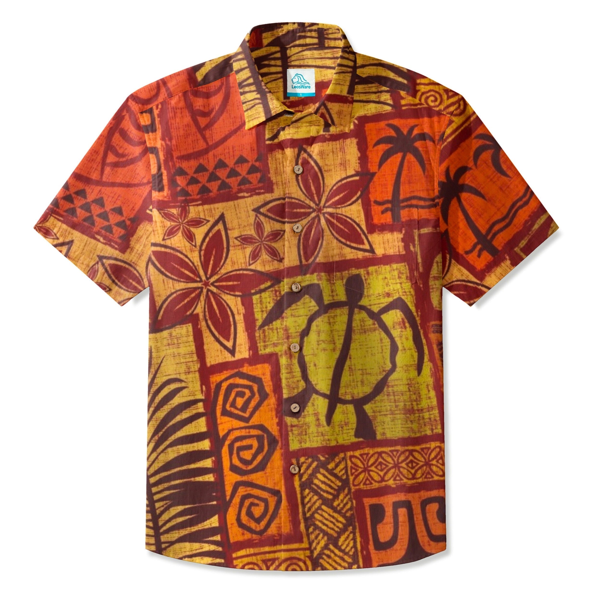 LeosWare® Men's Hawaiian Shirt Short Sleeve Button-up Breathable & Quick-Dry Aloha Tropical Tiki Mood(Sunset Orange)