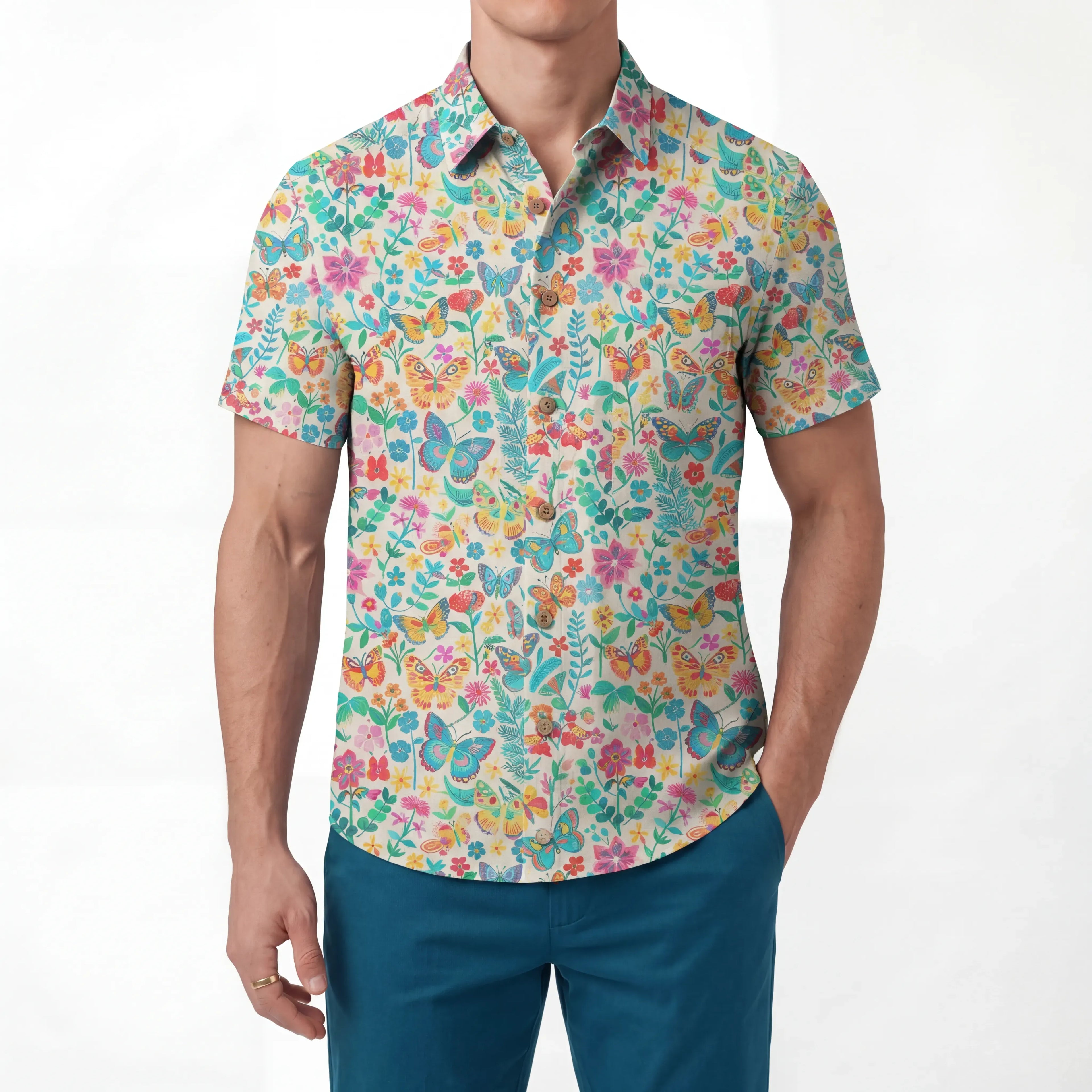 LeosWare® Men's Hawaiian Shirt Short Sleeve Button-up 100% Cotton Blue Aloha Dance Of The Butterfly Blossom Collection