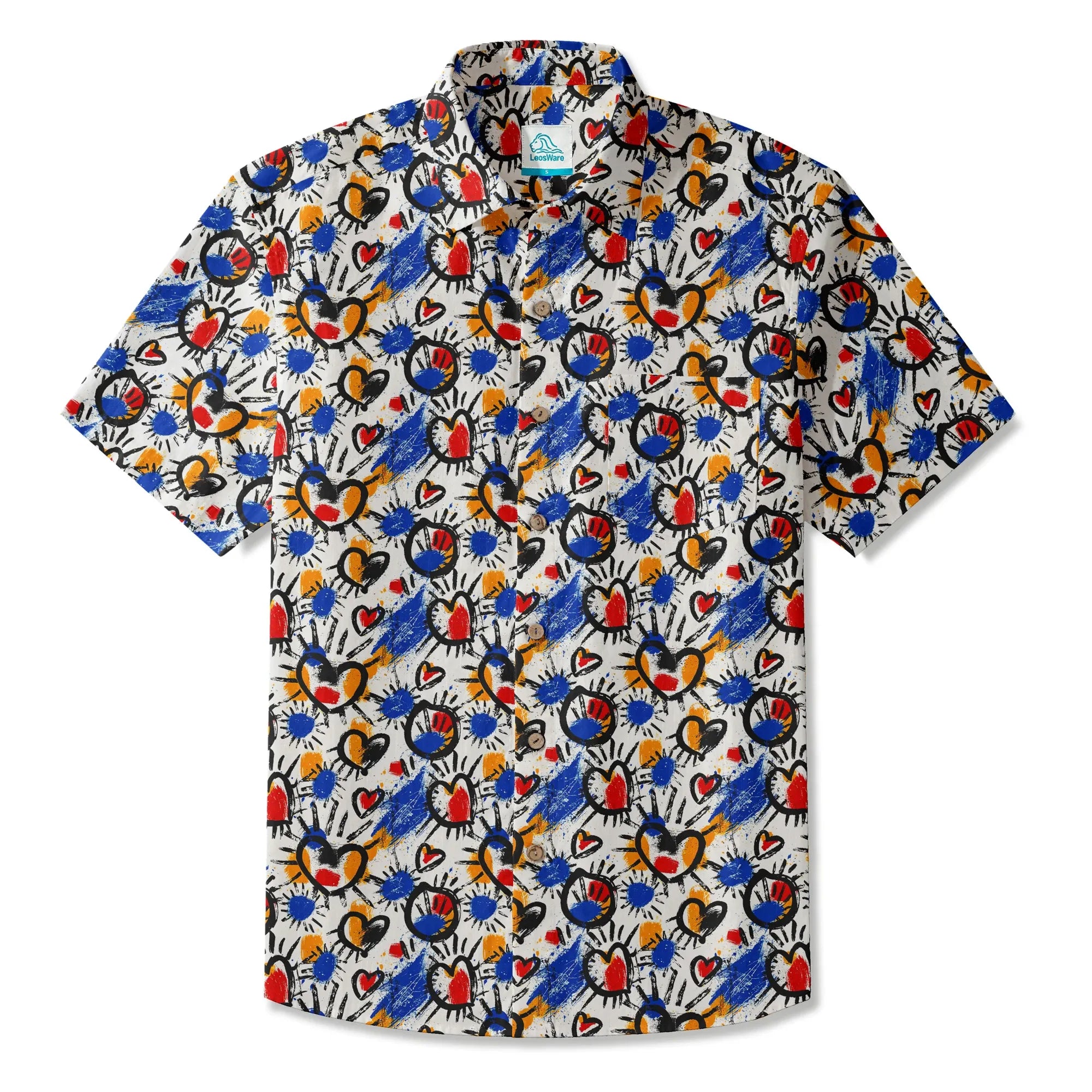 LeosWare® Men's Hawaiian Shirt Short Sleeve Button-up 100% Cotton White Aloha Color Clash Heart Mango