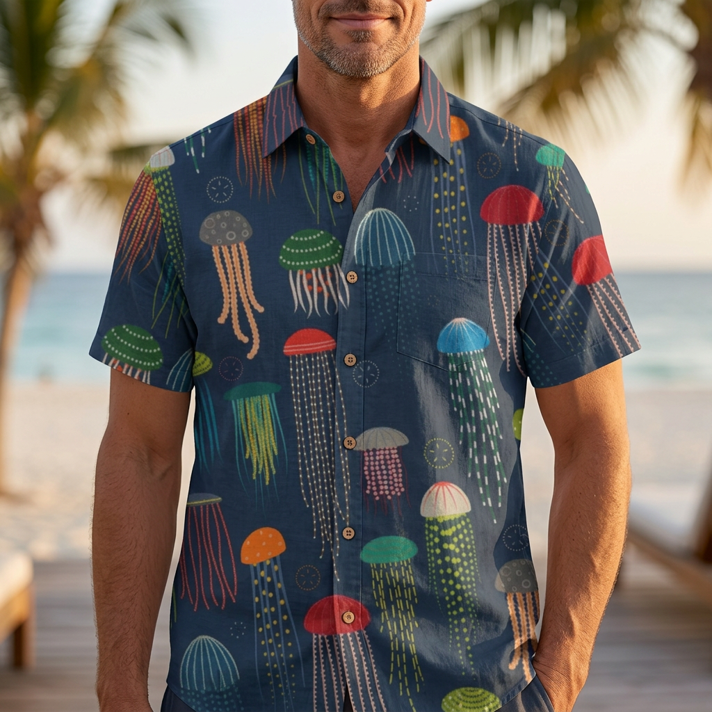 LeosWare® Men's Hawaiian Shirt Short Sleeve Button-up Breathable & Quick-Dry Aloha Jelly Drift