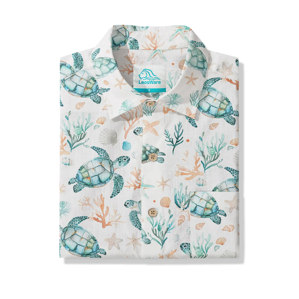 LeosWare® Men's Hawaiian Shirt Short Sleeve Button-up 100% Cotton Blue Aloha Coral Wonderland Of The Sea Turtle
