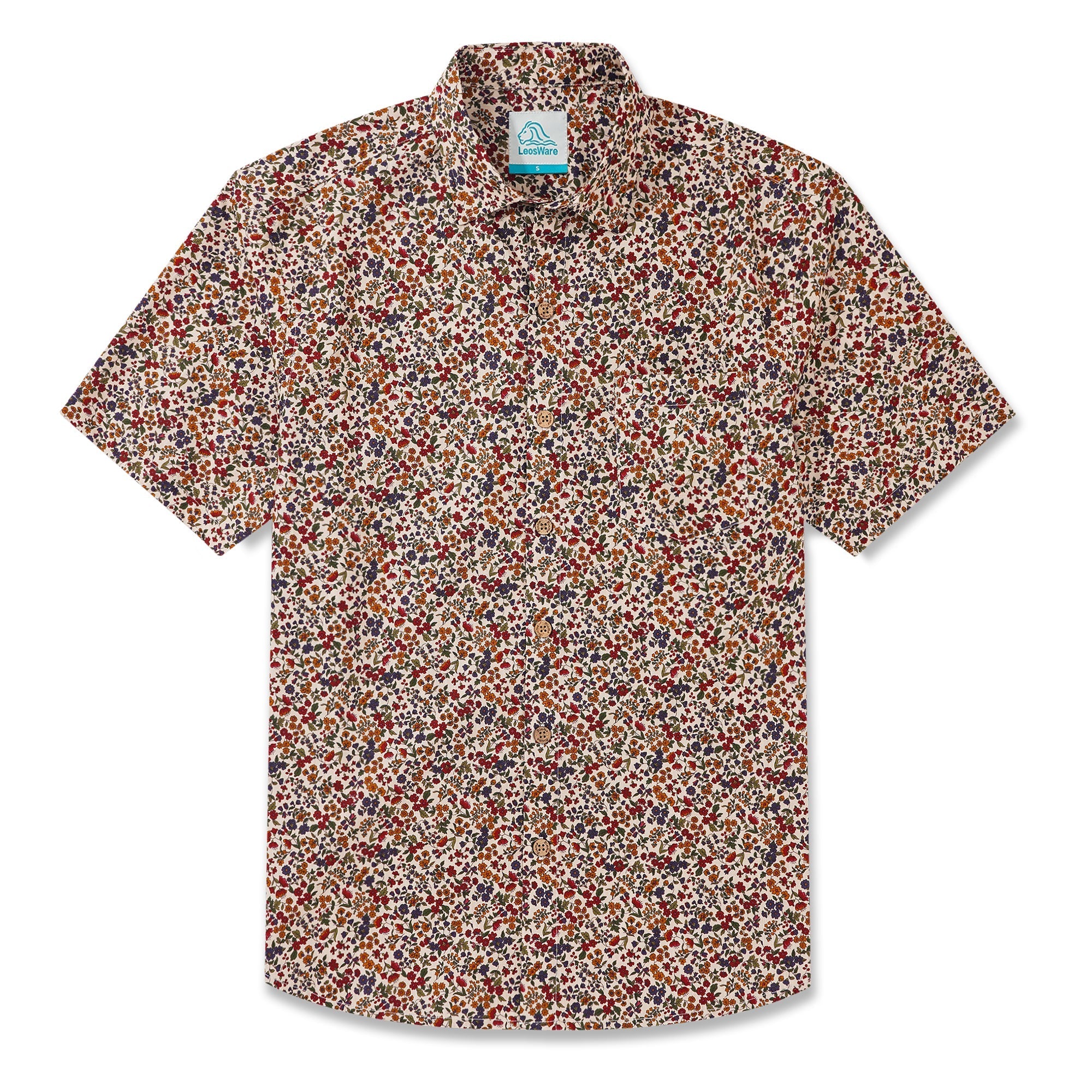 LeosWare® Men's Hawaiian Shirt Short Sleeve Button-up 100% Cotton Red Aloha Colorful Countryside Small Floral Pattern Painting