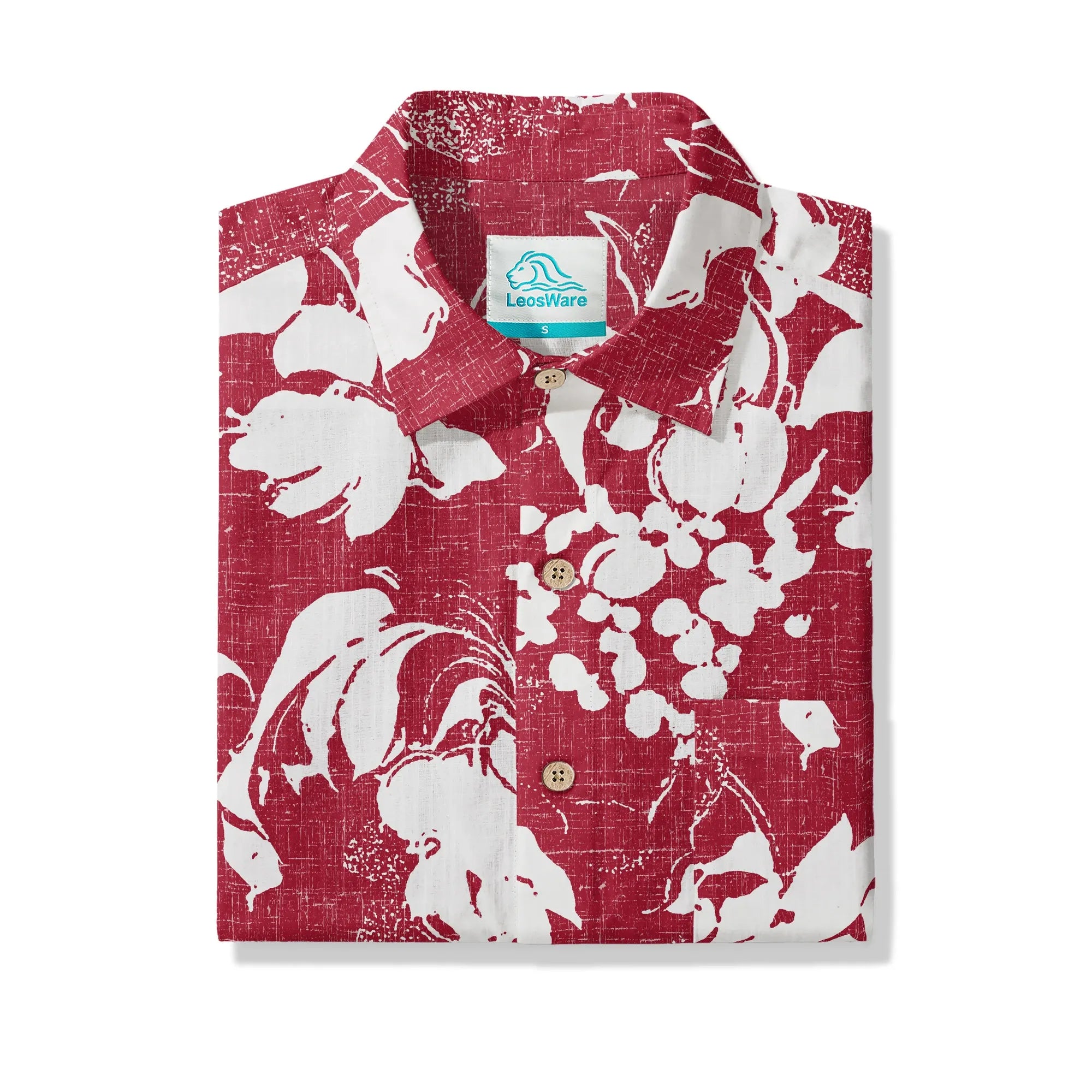 LeosWare® Flower Men's Hawaiian Shirt Short Sleeve Button-up 100% Cotton Red Aloha Crimson Blossom Harmony