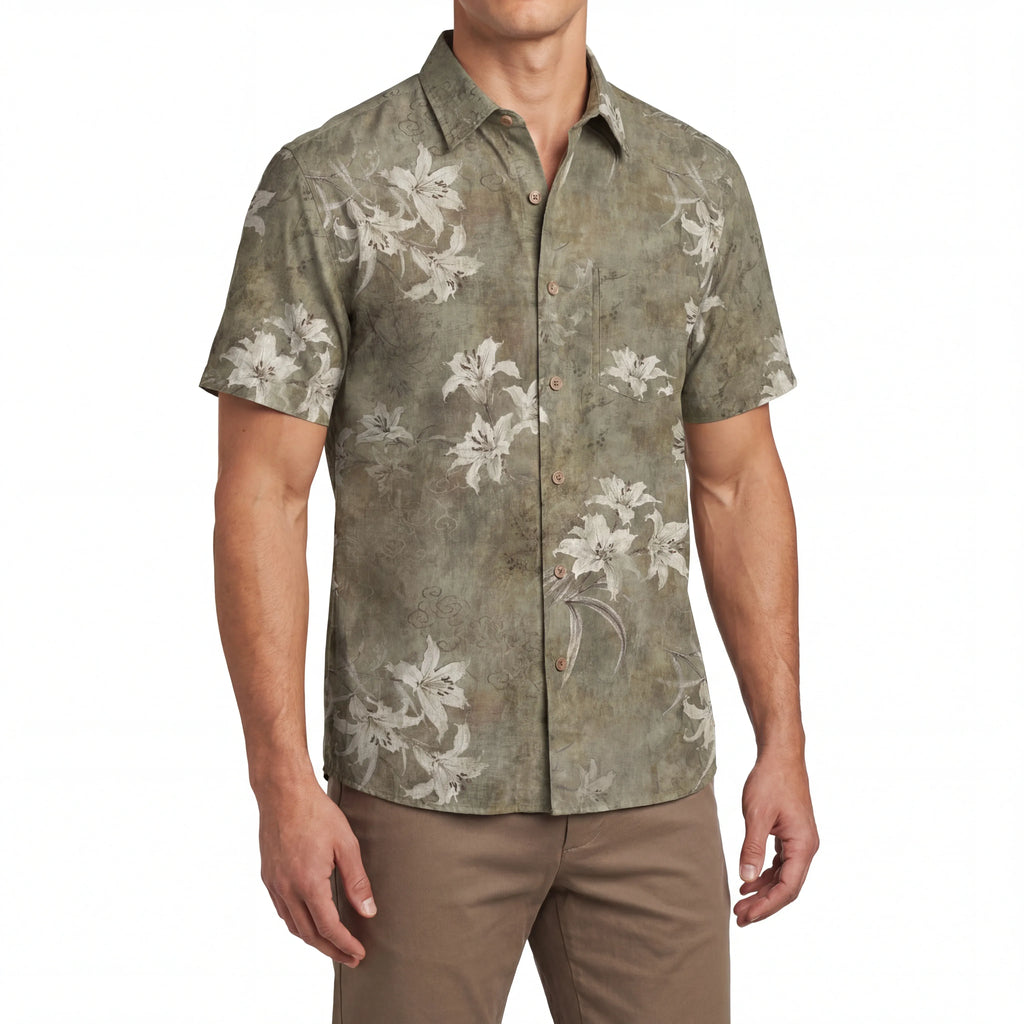 LeosWare® Men's Hawaiian Shirt Short Sleeve Button-up 100% Cotton Brown Aloha Retro Floral Silhouette