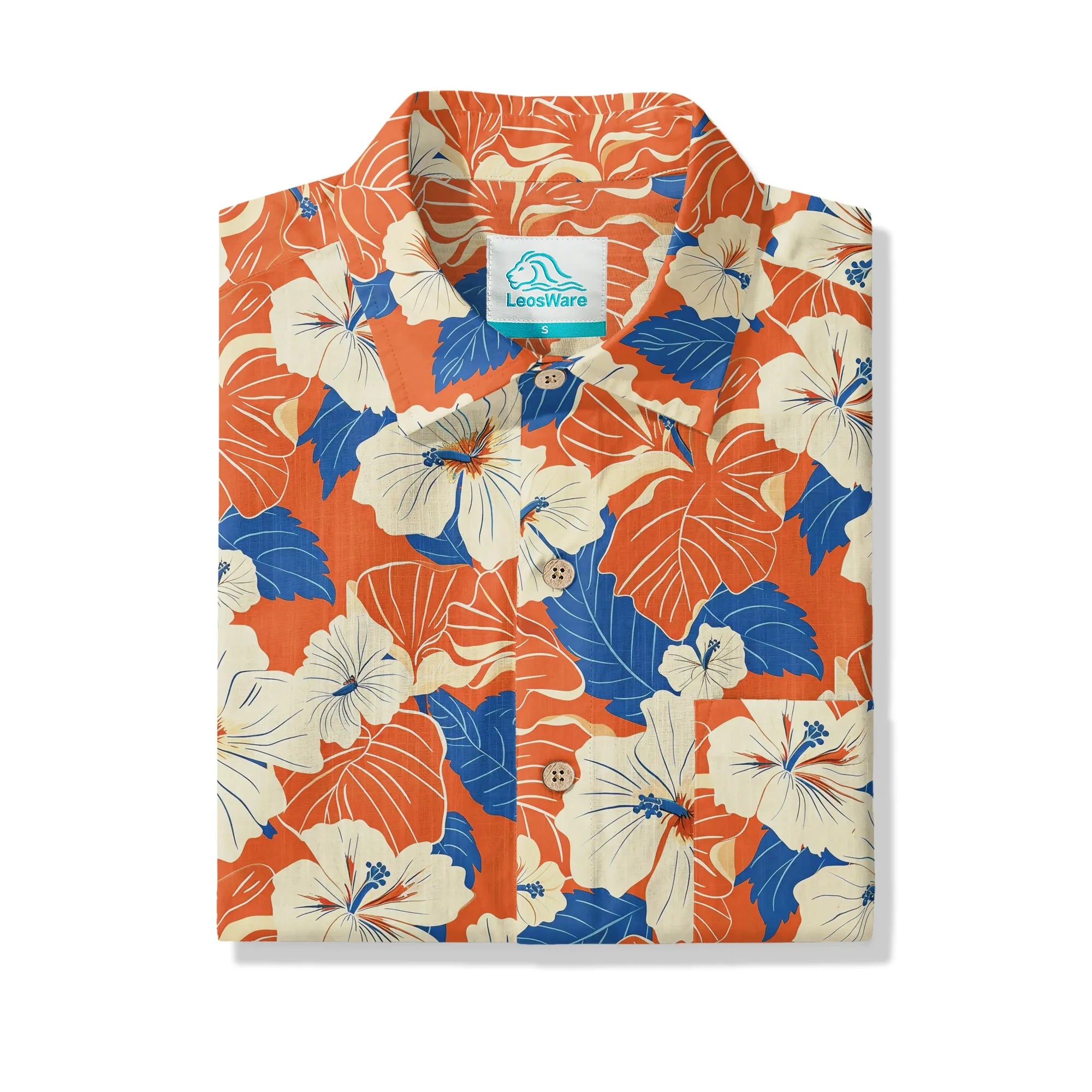 LeosWare® Men's Hawaiian Shirt Short Sleeve Button-up 100% Cotton Orange Aloha Orange Blue Hibiscus Whispers