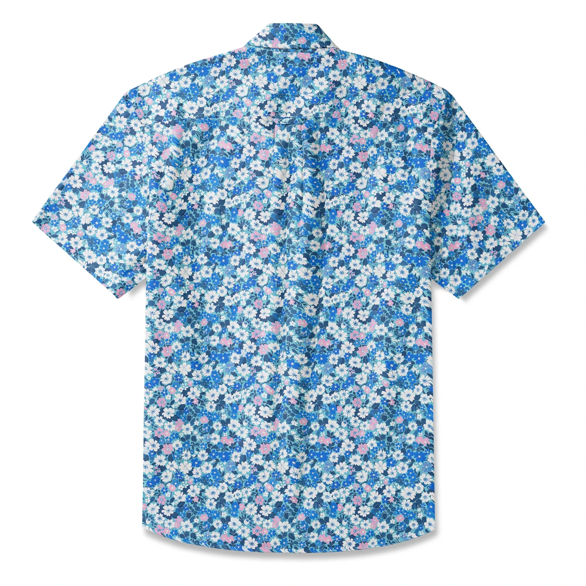 LeosWare® Flower Men's Hawaiian Shirt Short Sleeve Button-up 100% Cotton Blue Aloha Blue Sea Flower Trail