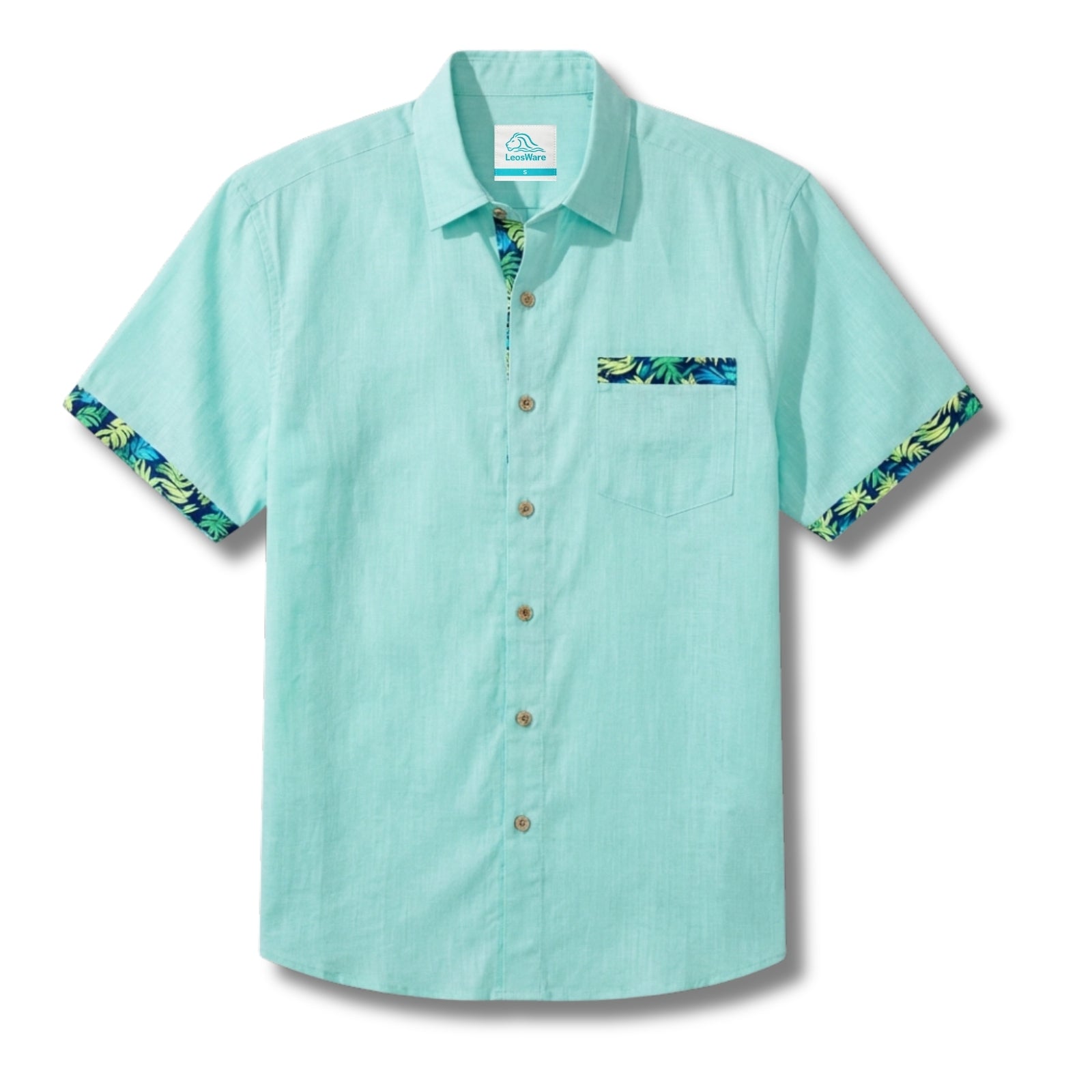 LeosWare® Men's Hawaiian Shirt Short Sleeve Button-up Breathable & Quick-Dry Aloha Solid Foundation