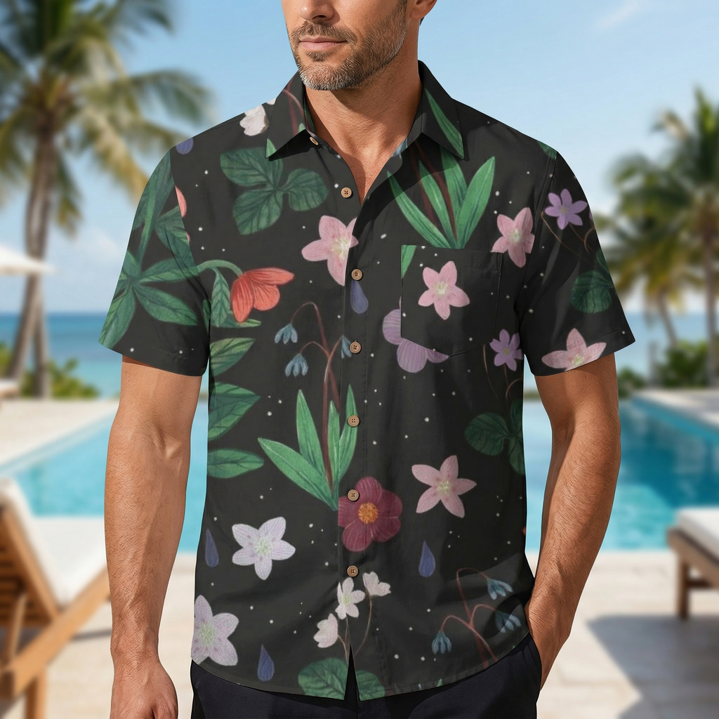 LeosWare® Men's Hawaiian Shirt Short Sleeve Button-up 95% Polyester, 5% Spandex Aloha Midnight Meadow