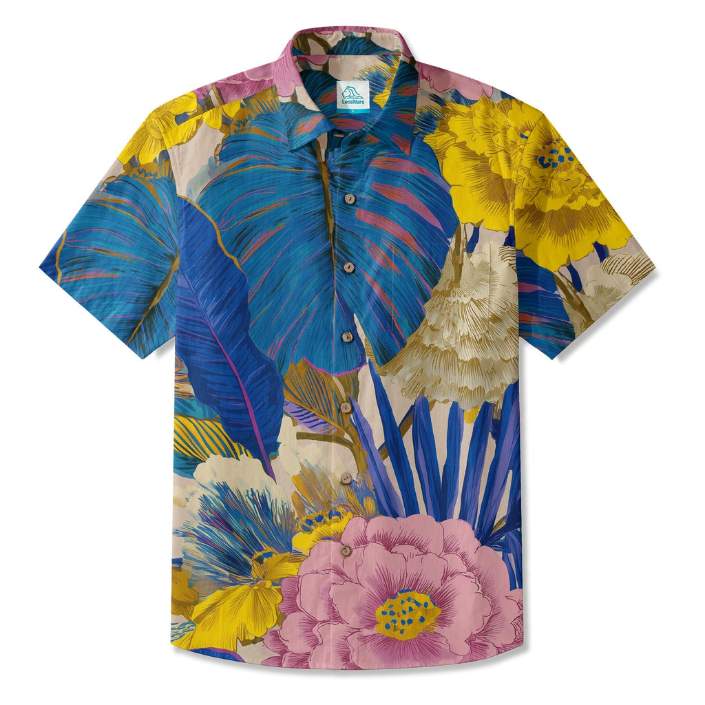 LeosWare® Men's Hawaiian Shirt Short Sleeve Button-up Breathable & Quick-Dry Aloha Tropic Bloom