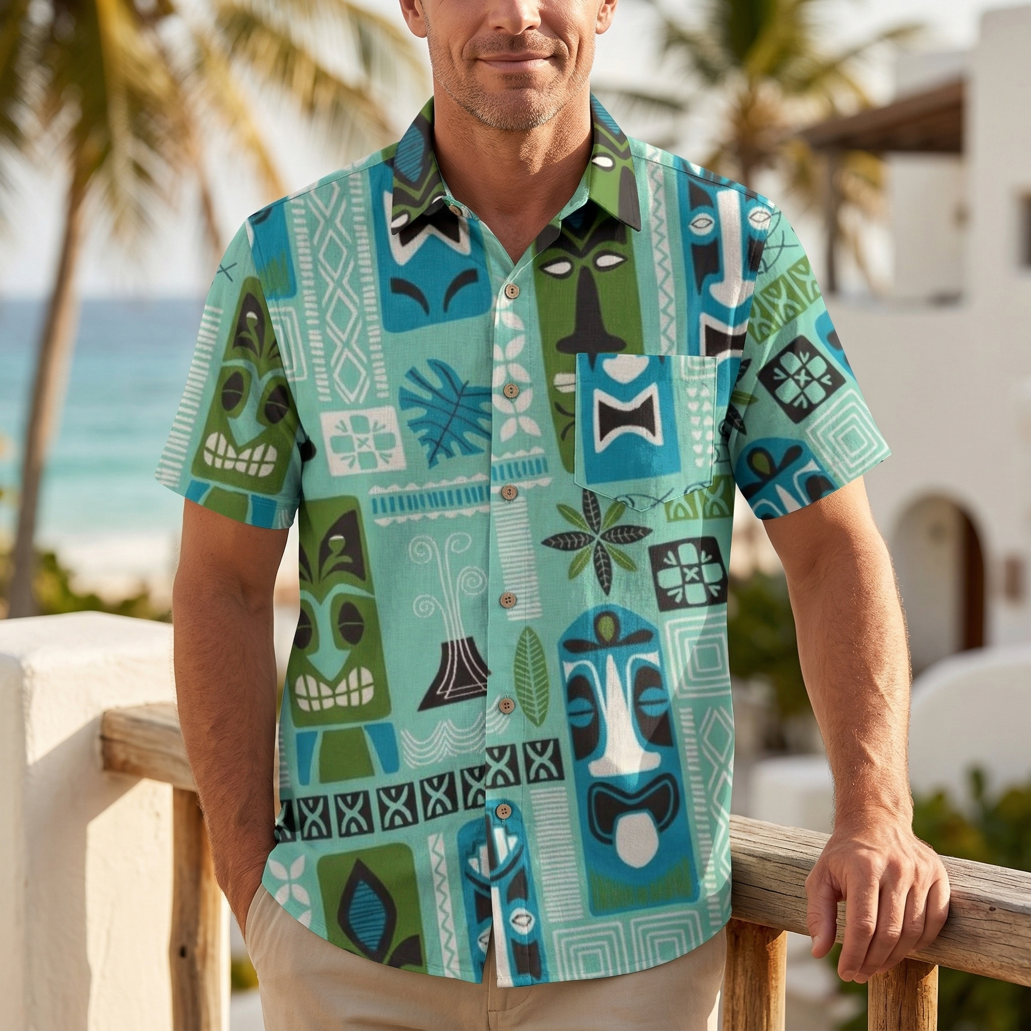 LeosWare® Men's Hawaiian Shirt Short Sleeve Button-up Premium polyester fabric Aloha Tiki Lagoon