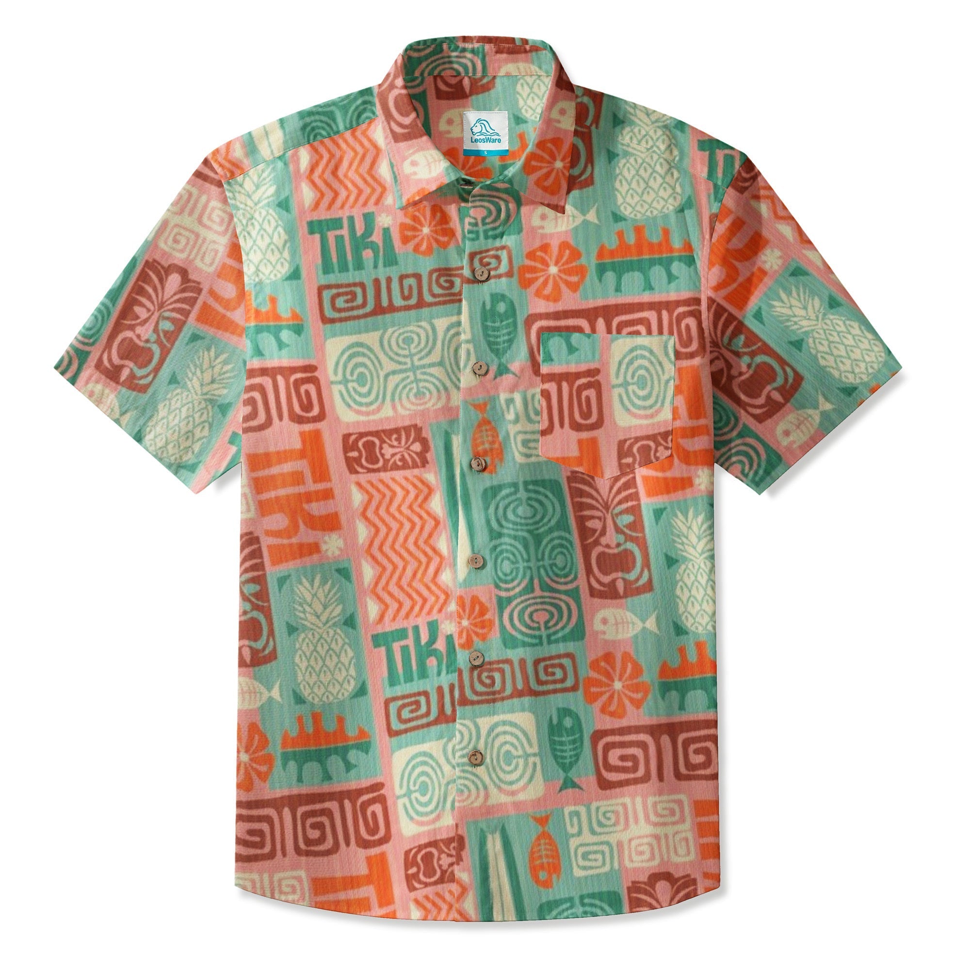 LeosWare® Men's Hawaiian Shirt Short Sleeve Button-up Breathable & Quick-Dry Aloha Tikii Tiles
