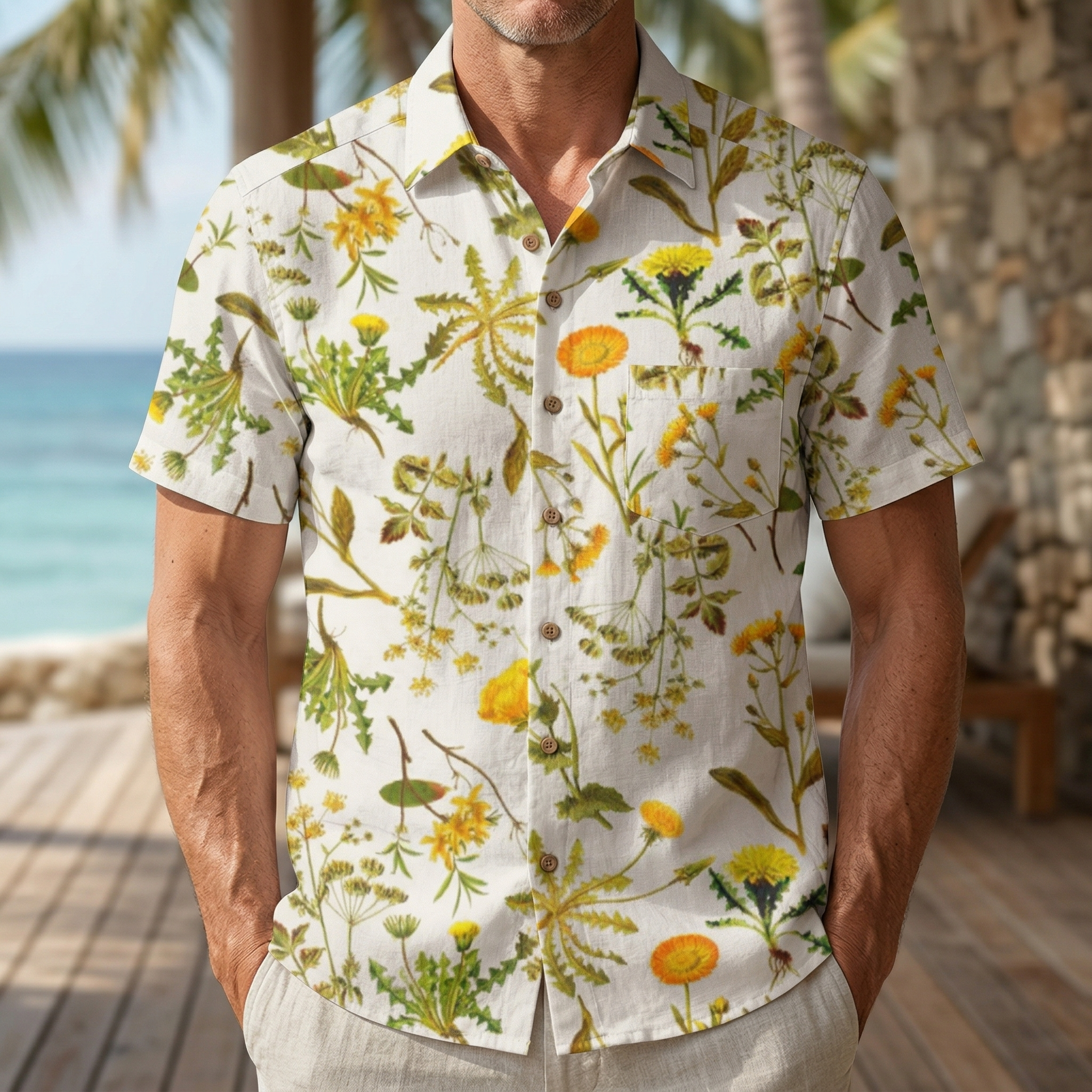 LeosWare® Men's Hawaiian Shirt Short Sleeve Button-up 95% Polyester, 5% Spandex Aloha Blossoming Etch