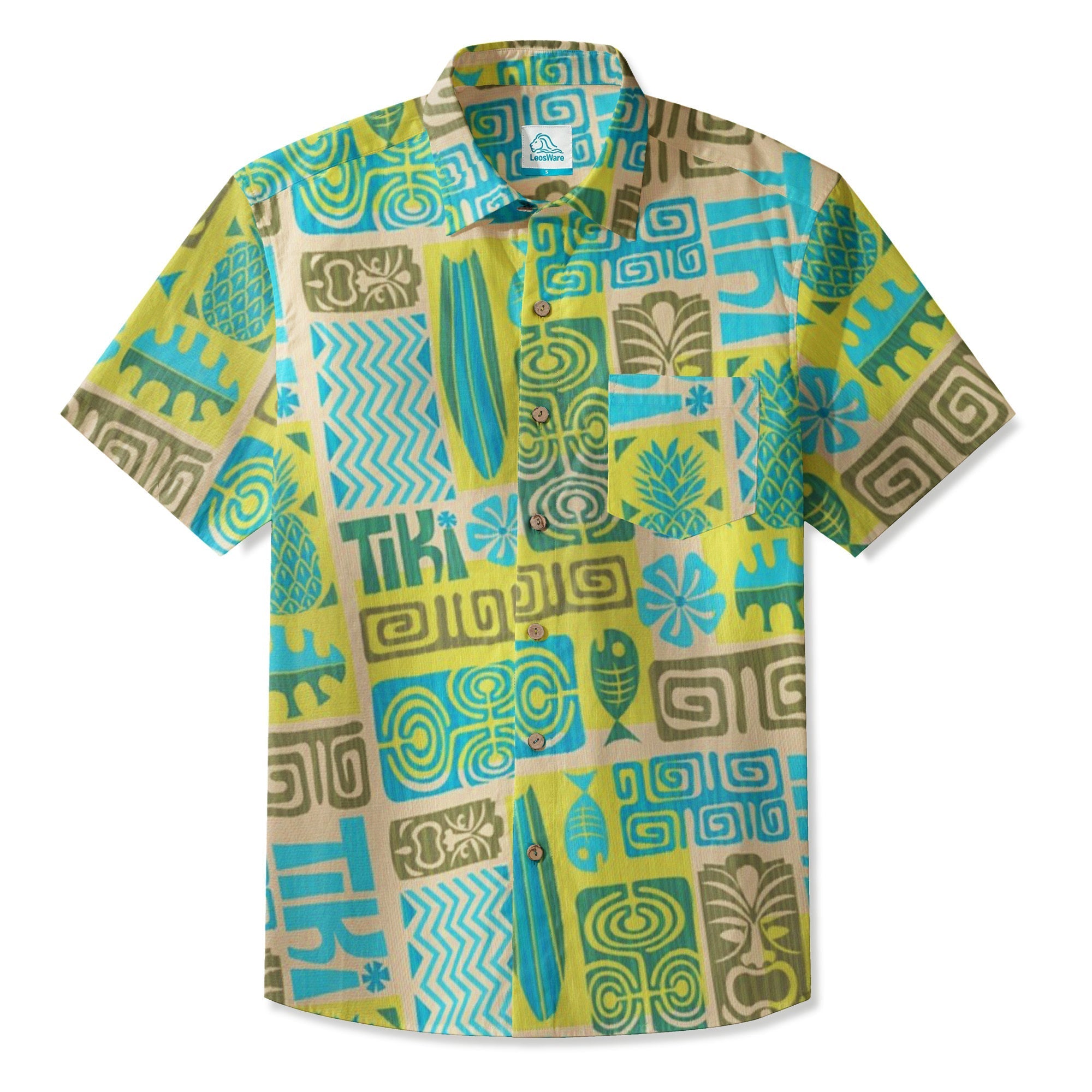LeosWare® Men's Hawaiian Shirt Short Sleeve Button-up Breathable & Quick-Dry Aloha Tropical Tiki